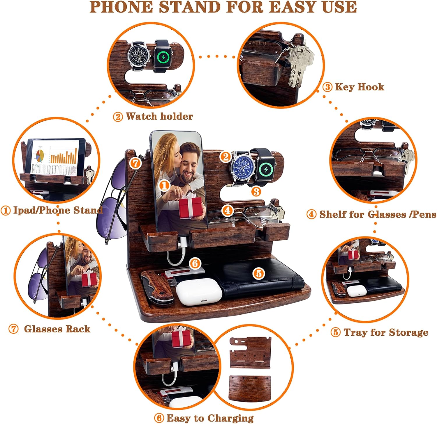 VEIYAILU Gifts for Men Women Dad Husband Boyfriend Wood Phone Docking Station Nightstand Organizer for Men Birthday