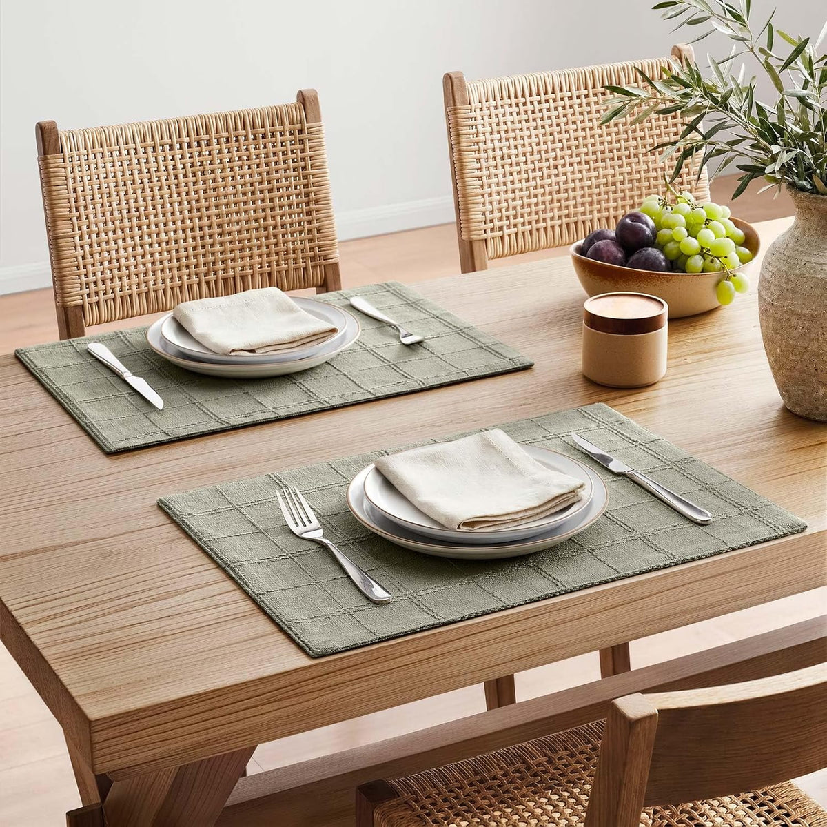 Linen Checked Farmhouse Placemats Set of 6, Seeding Green 13x19in | Double Layer, Reversible, Thick Textured Table