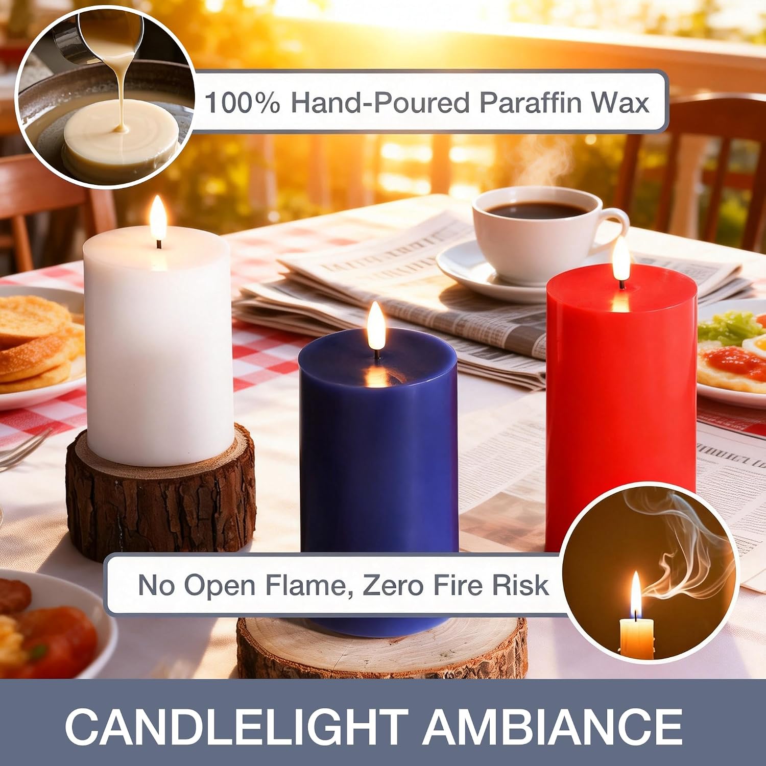 Red White Blue Patriotic Flameless Pillar Candles with Remote Set of 3 | Flickering LED Wax Candles, Flat Top, 2 AA