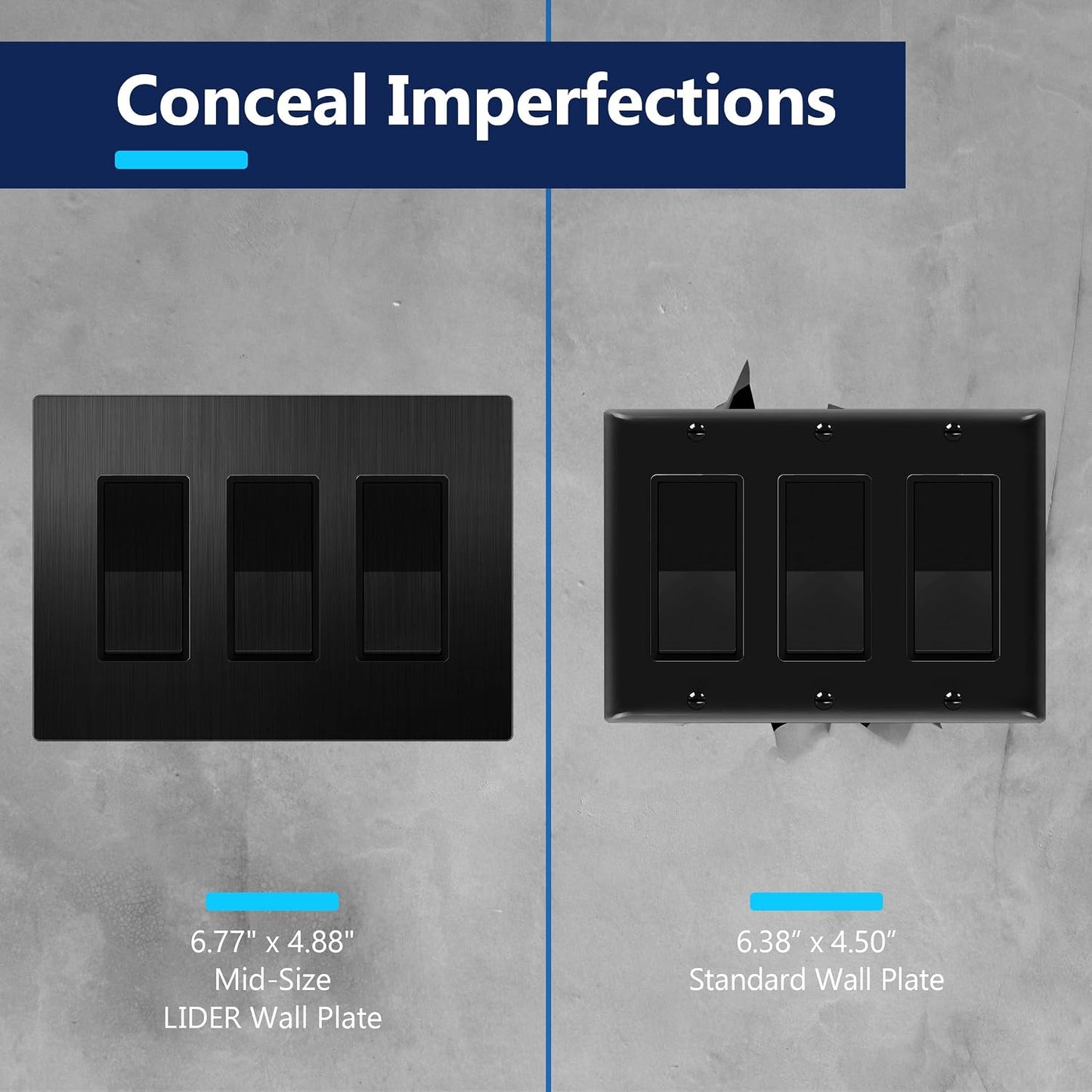 LIDER Screwless Metal-Surface Wall Plate, Mid-Size 3-Gang, Stainless Steel | Temperature And Impact Resistant