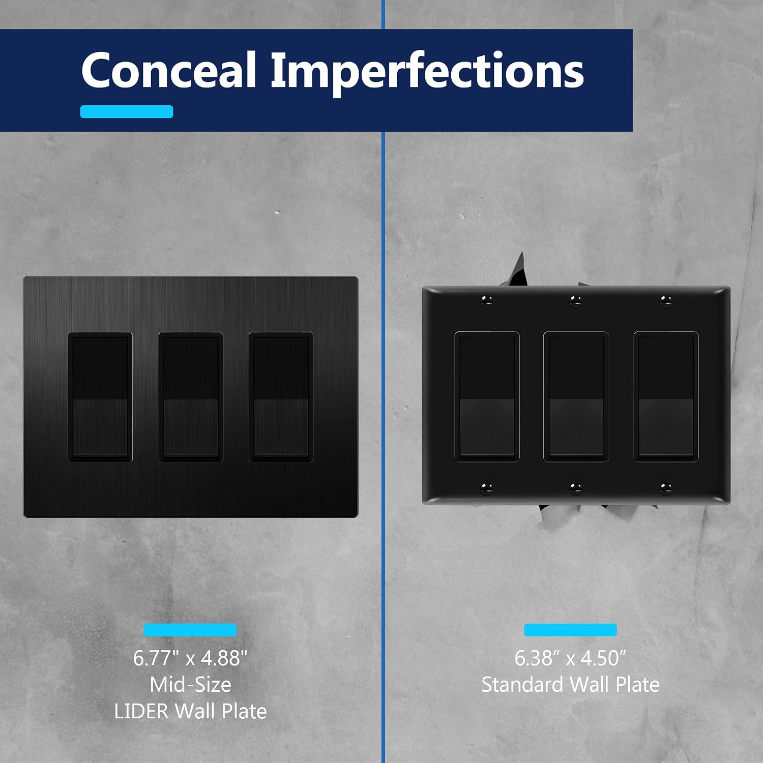 LIDER Screwless Metal-Surface Wall Plate, Mid-Size 3-Gang, Stainless Steel | Temperature And Impact Resistant
