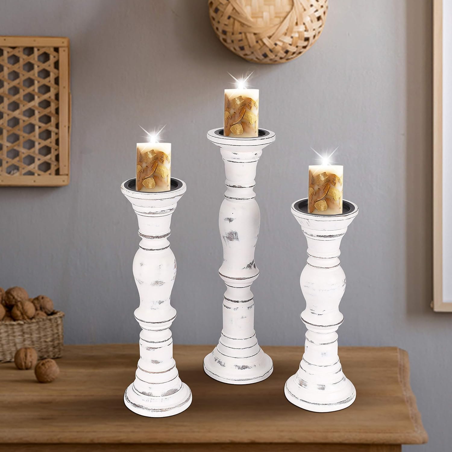 Candle Stands Wooden for Pillar Candles,Rounded Turned Colums, Sustainable Woods, Country Style, Idle for Reiki