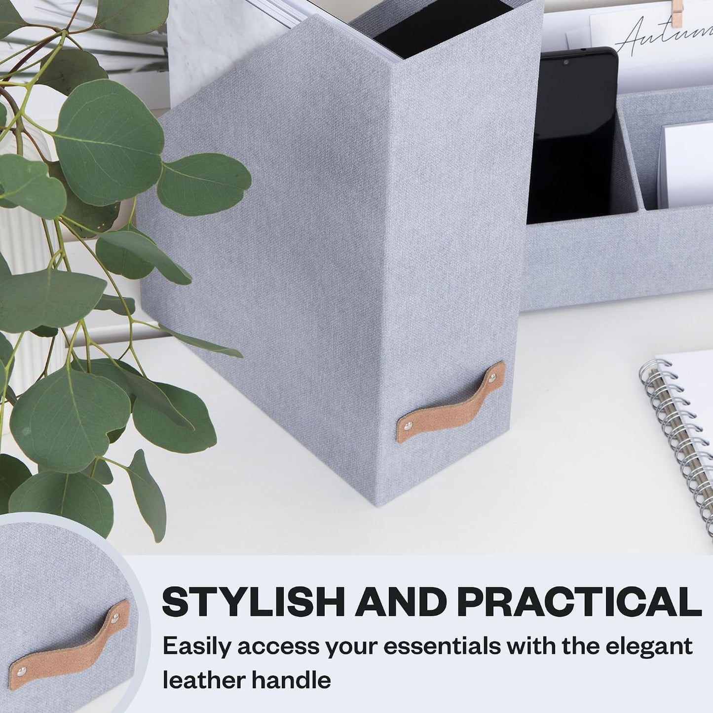 Bigso Estelle Magazine File - Magazine Holder and Organizer for Papers and Catalogs with Leather Handle - Magazine File