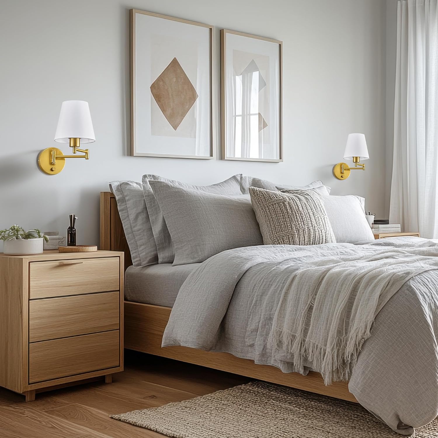 VONLUCE Wall Lamp, Plug in & Swing Arm Wall Sconce, Gold Finish | Modern Wall Lights with White Fabric Shades, Plug in