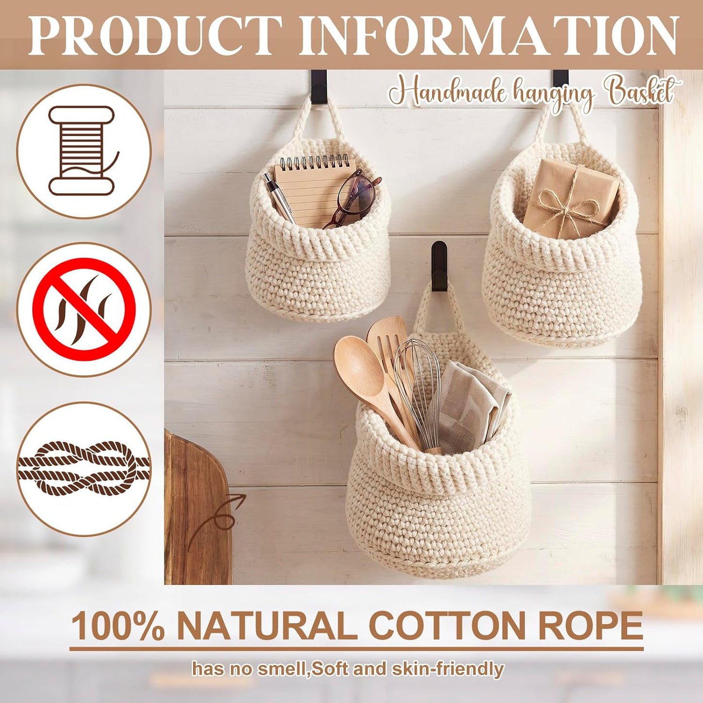 Boho Decor Hanging Wall Baskets / White / Cotton Rope / Barrel / Set of 3