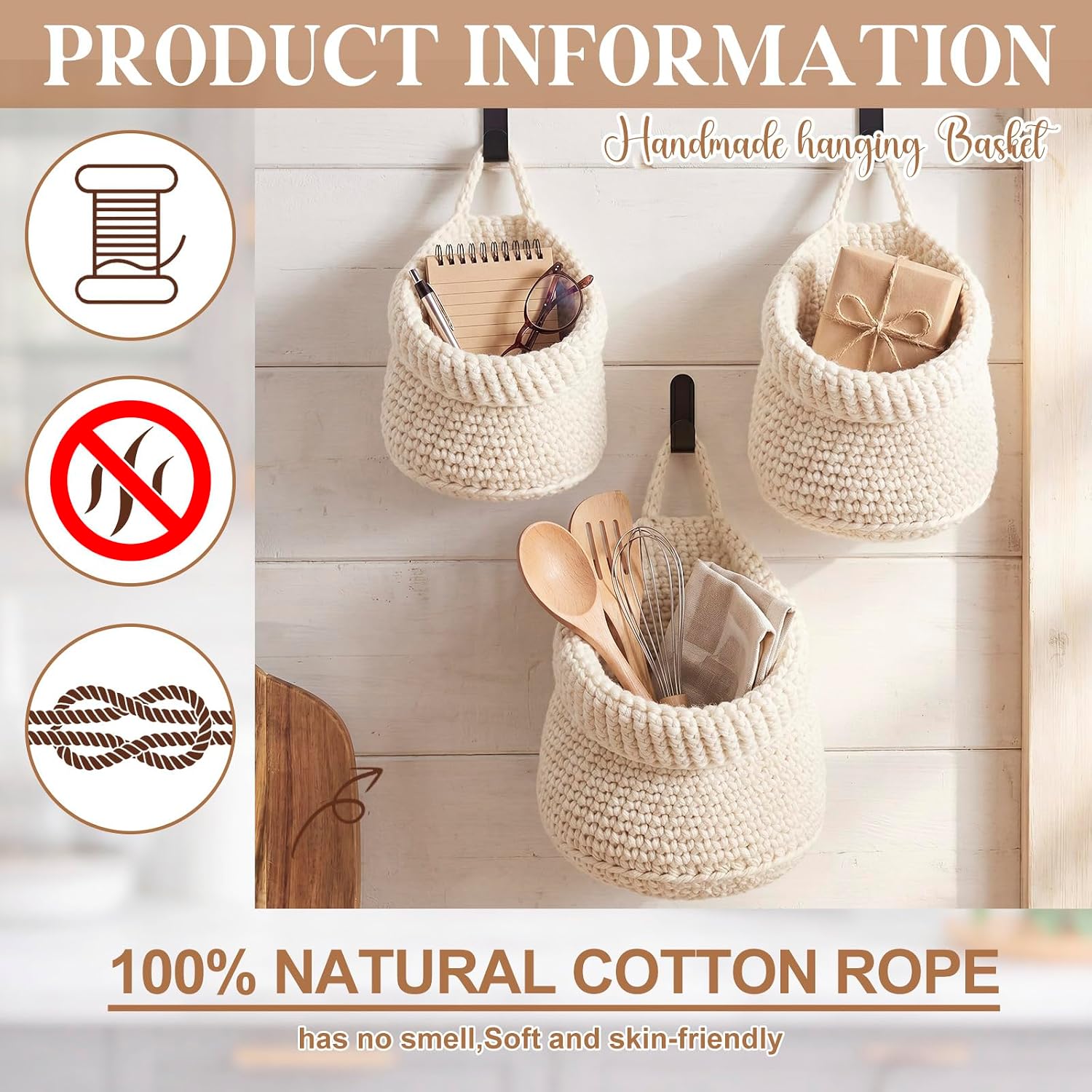 Boho Decor Hanging Wall Baskets / White / Cotton Rope / Barrel / Set of 3