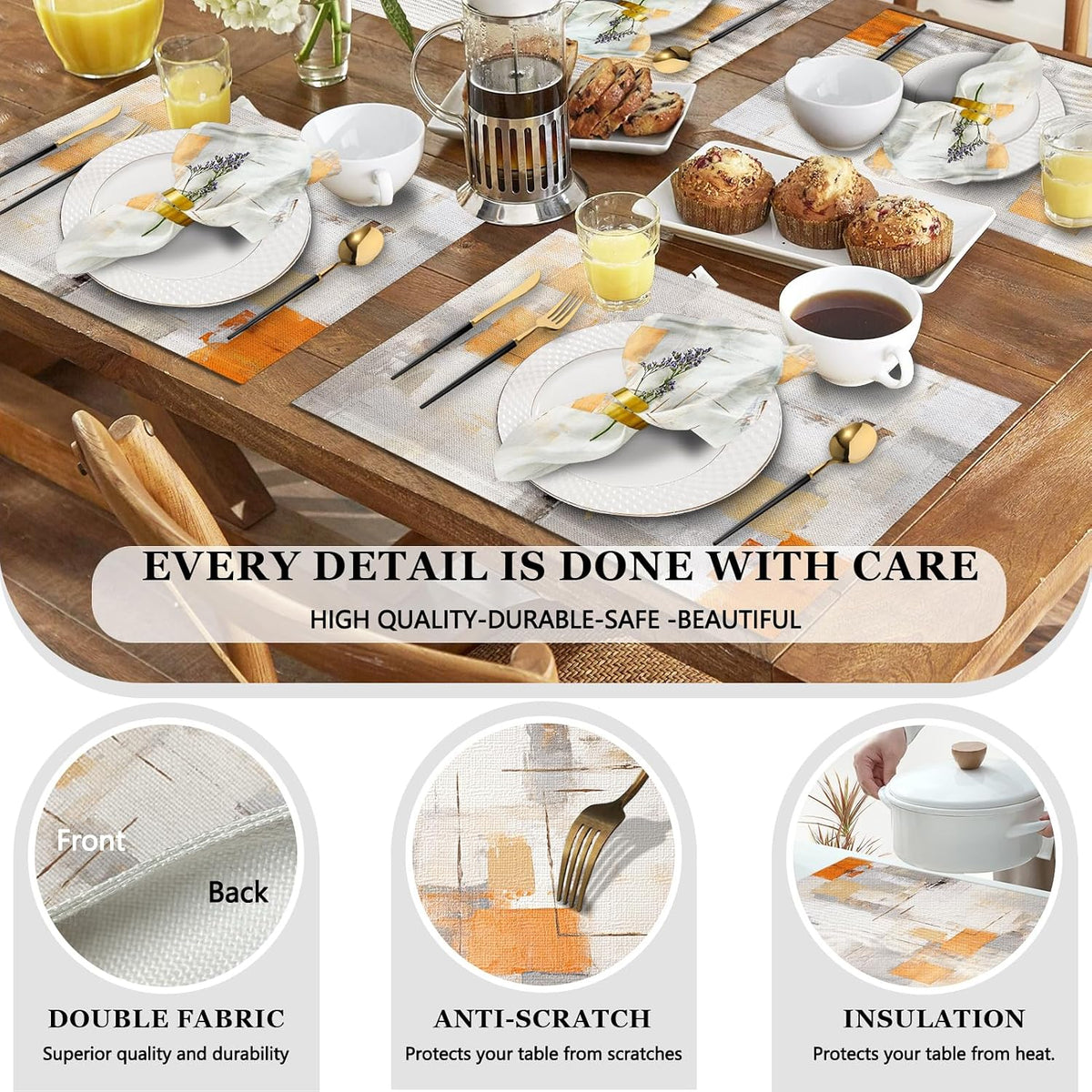 Mcalk 4 Each Orange Placemats and Cloth Napkins Set of 8, Modern Art Placemat, Abstract Grey Cloth Napkin for Home