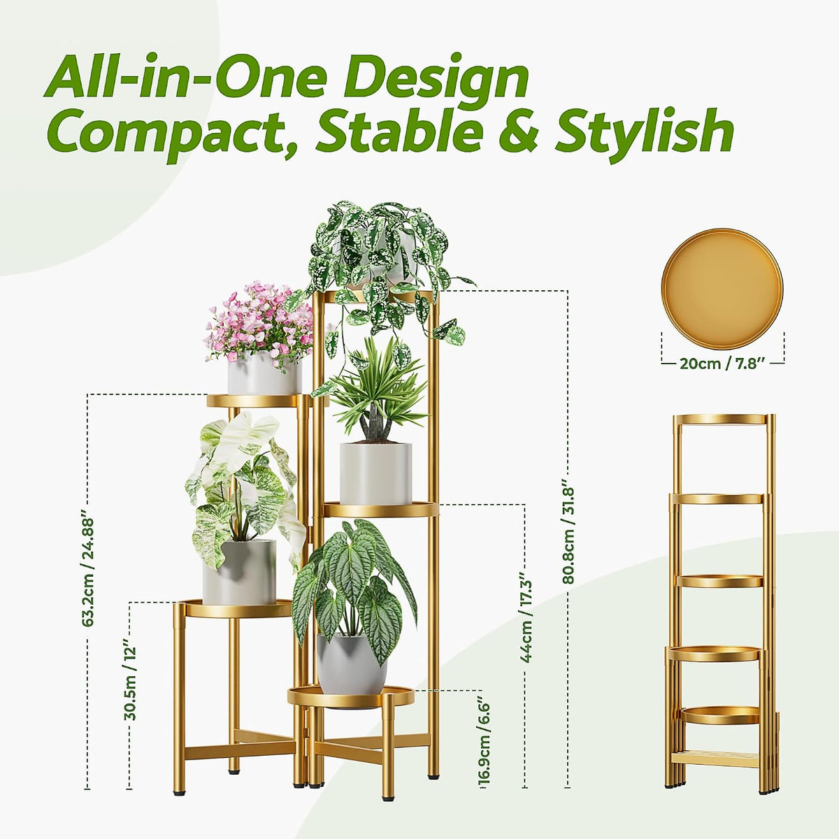 Gold Stand Plants, 5 Tiered Plant Stand Indoor for Multiple Large Planter, Tall Heavy Duty Adjustable Folding Rack with