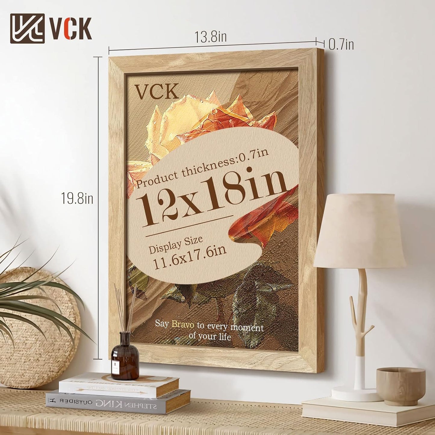 VCK 12x18 Picture Frame Set of 3, Natural Solid Wood, Wall Hanging | Wide Border, Light Woodgrain, Shatterproof