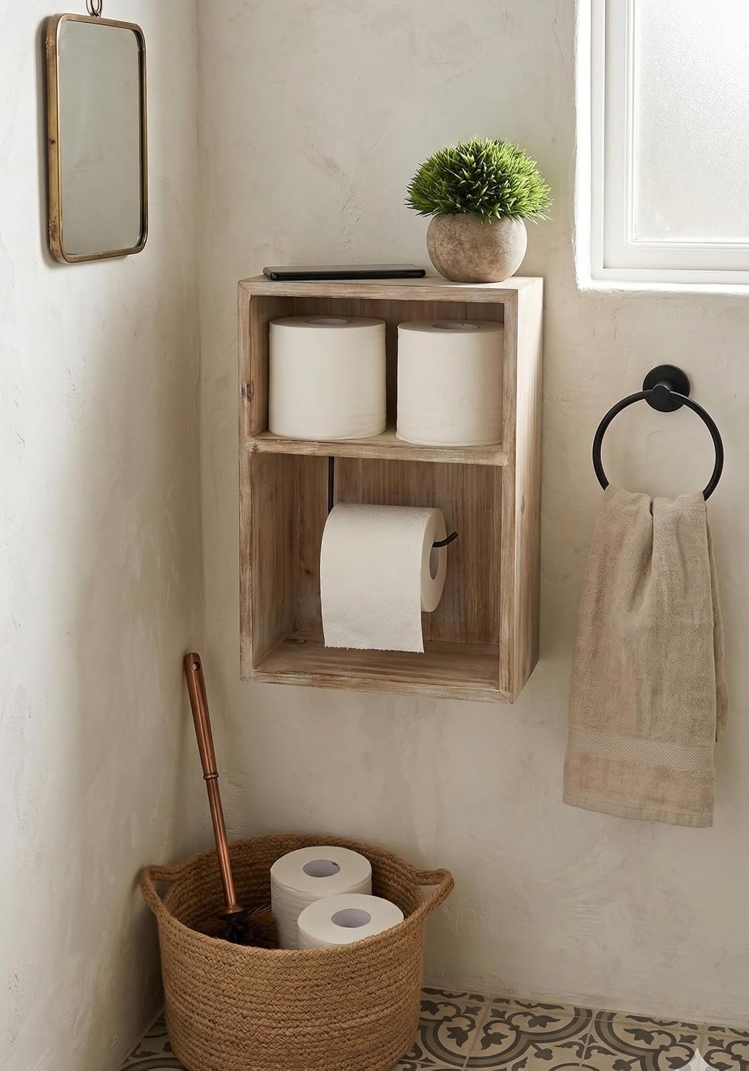 Wall Mount Toilet Paper Holder, Decorative Tissue Paper Roll Dispenser Floating Shelf, Recessed Cubby Box Bracket