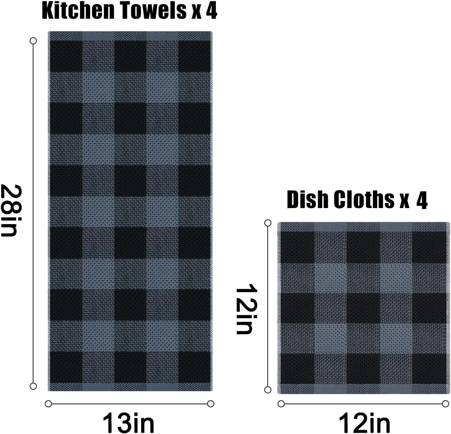Homaxy Kitchen Towels and Dishcloths Set, Set of 12, Black & Grey | Bulk Cotton Waffle Weave Check Plaid Kitchen