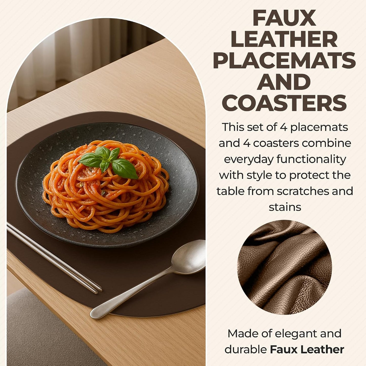 Faux Leather Placemats and Coasters - Set of 4 Round Modern Brown Table Mats for Dining - Heat Resistant, Waterproof &