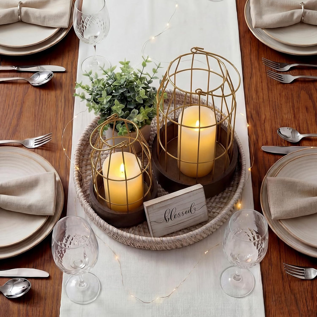 Modern Rustic Farmhouse Candle Lantern Set of 5, Large, Gold, Burlywood | Decorative Lanterns Centerpieces with Tray