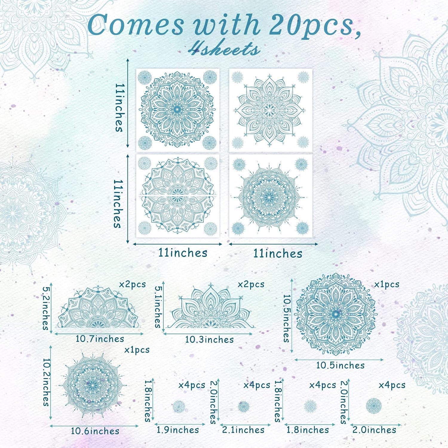 Light Blue Mandala Wall Stickers Removable Mandala Art Decals Peel and Stick Lotus / Blue Small