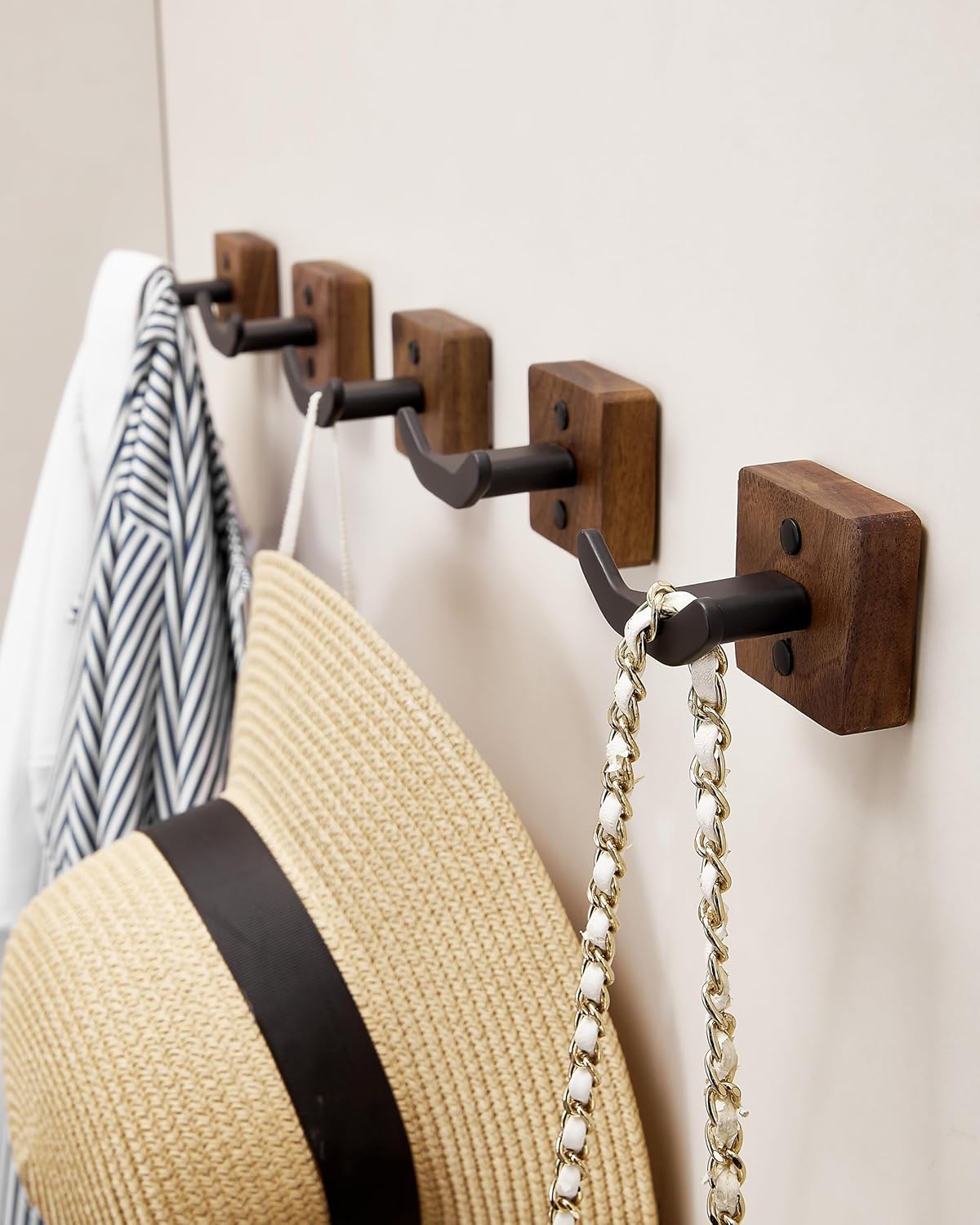 Modern Coat Hooks Wood Black Metal Decorative Backpack Hanger Wall / Black Walnut / Set of 3