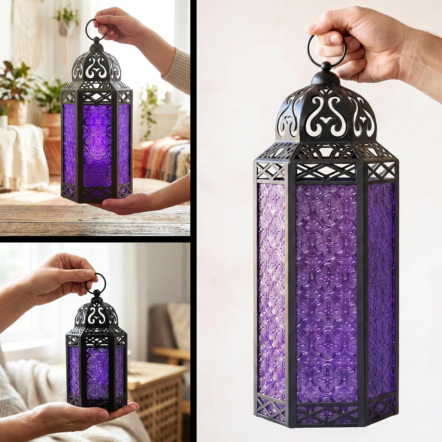 VELA LANTERNS Set of 3 Purple Glass & Black Metal Moroccan Candle Lantern Holders (XL, Large, Small) - Decorative
