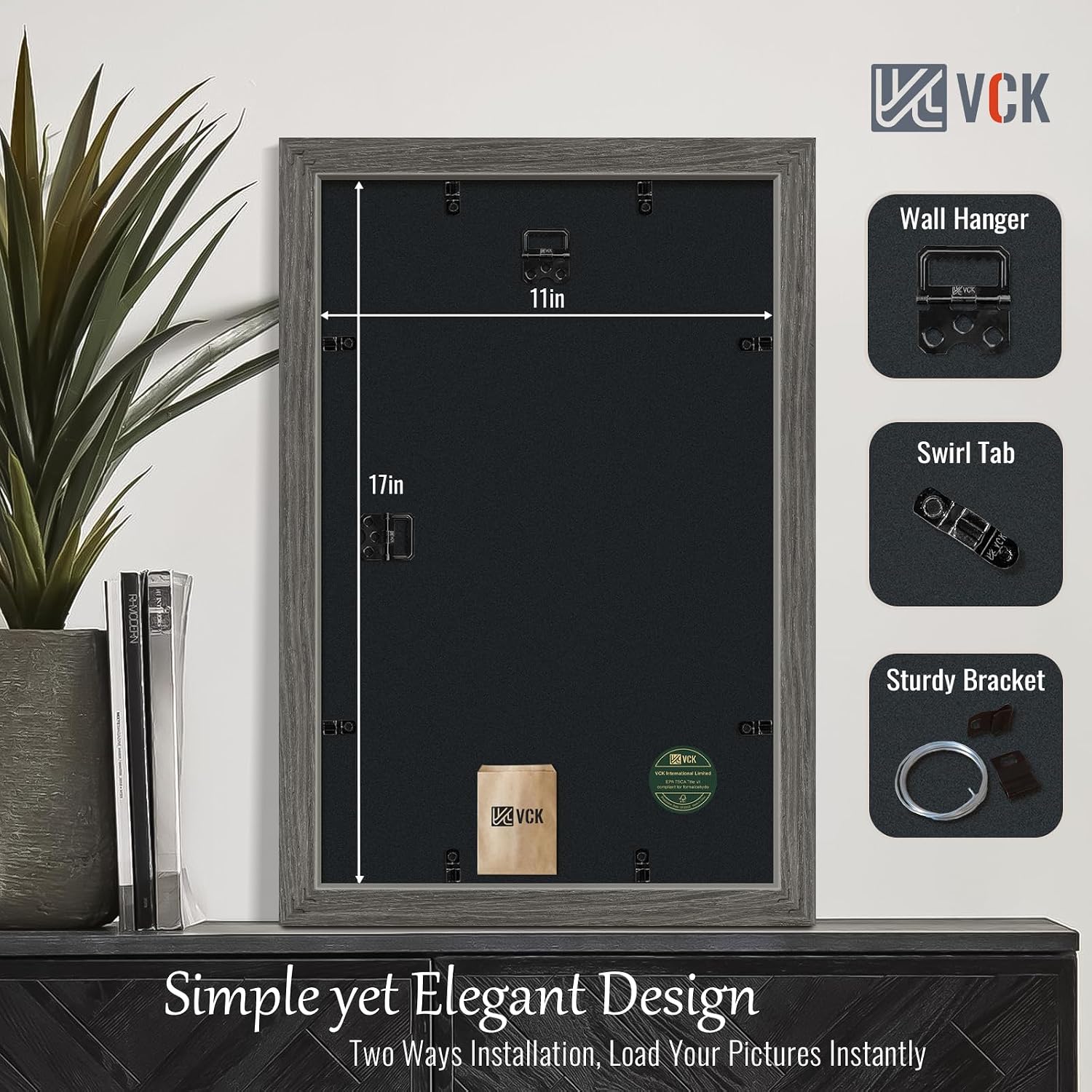 VCK 11x17 Picture Frame Grey 4 Pack, Wide Thick Wood Border, for Poster | Exclusive Woodgrain, Wall Hanging, HD