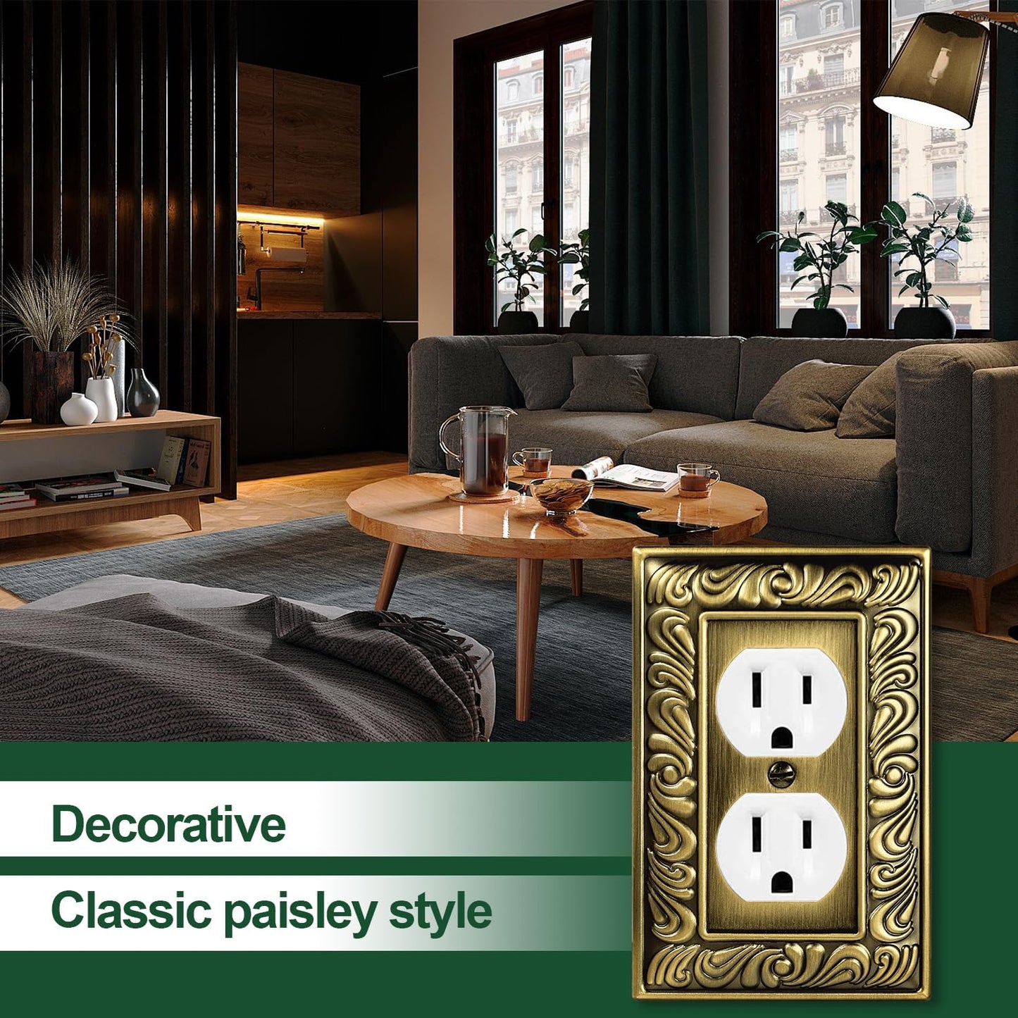 Antique Brass Decorative Duplex Outlet Cover, Decorative Switch Plate Cover | 6 Pack Paisley Pattern Wall Plates for