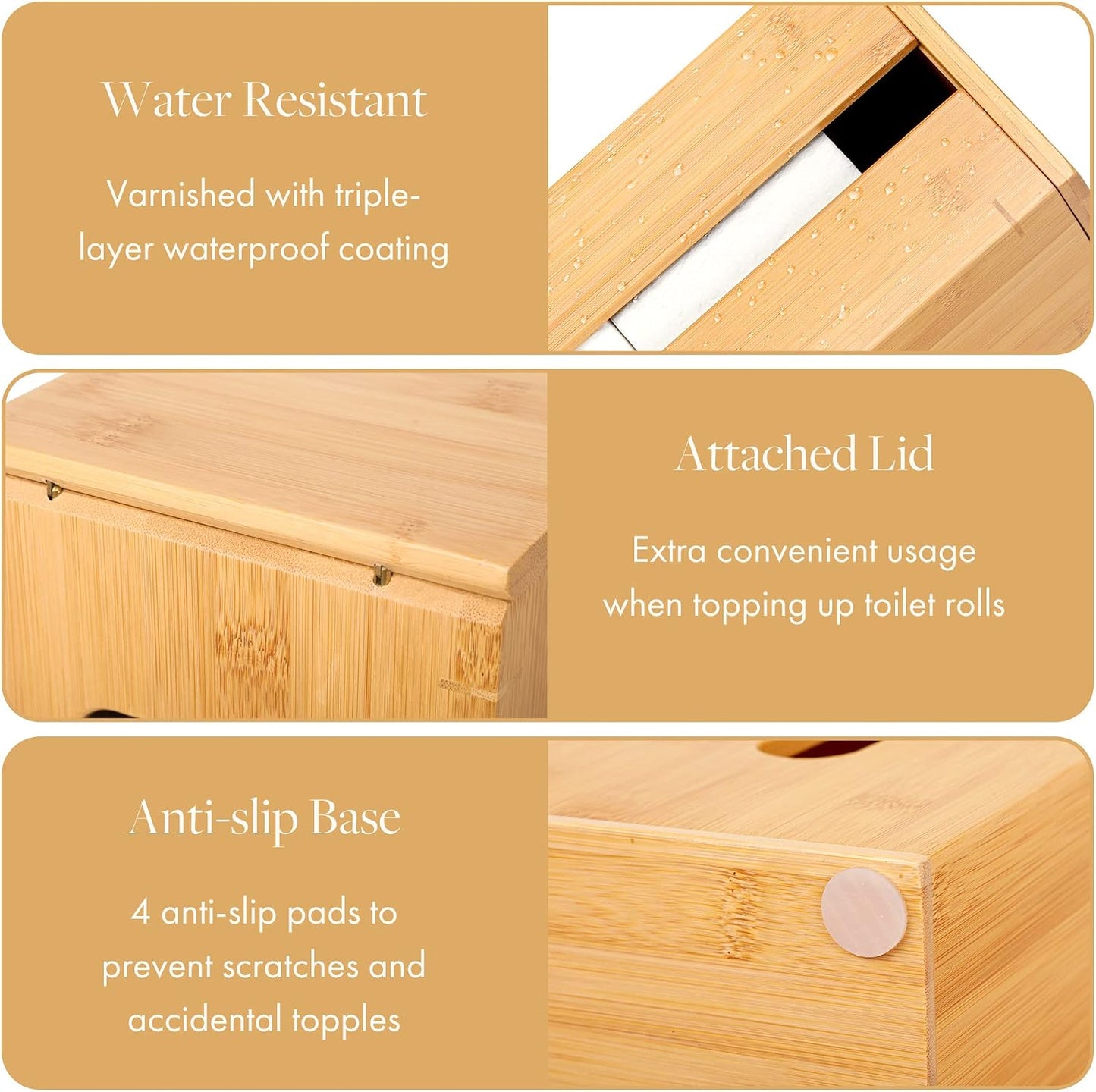 GOBAM Bamboo Toilet Paper Storage - Fits 3 Mega Toilet Paper, Bathroom Organizer, Toilet Paper Holder Stand, Bamboo