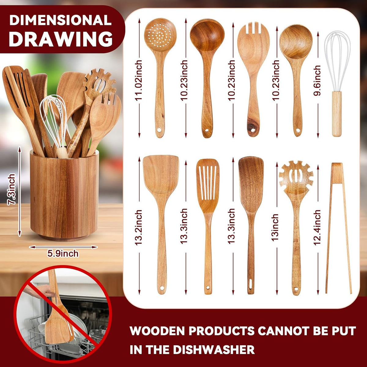 SiliFine 11 Pcs Wooden Kitchen Utensils Set with 360° Straight Rotating Holder Acacia Wood Cooking Utensils with