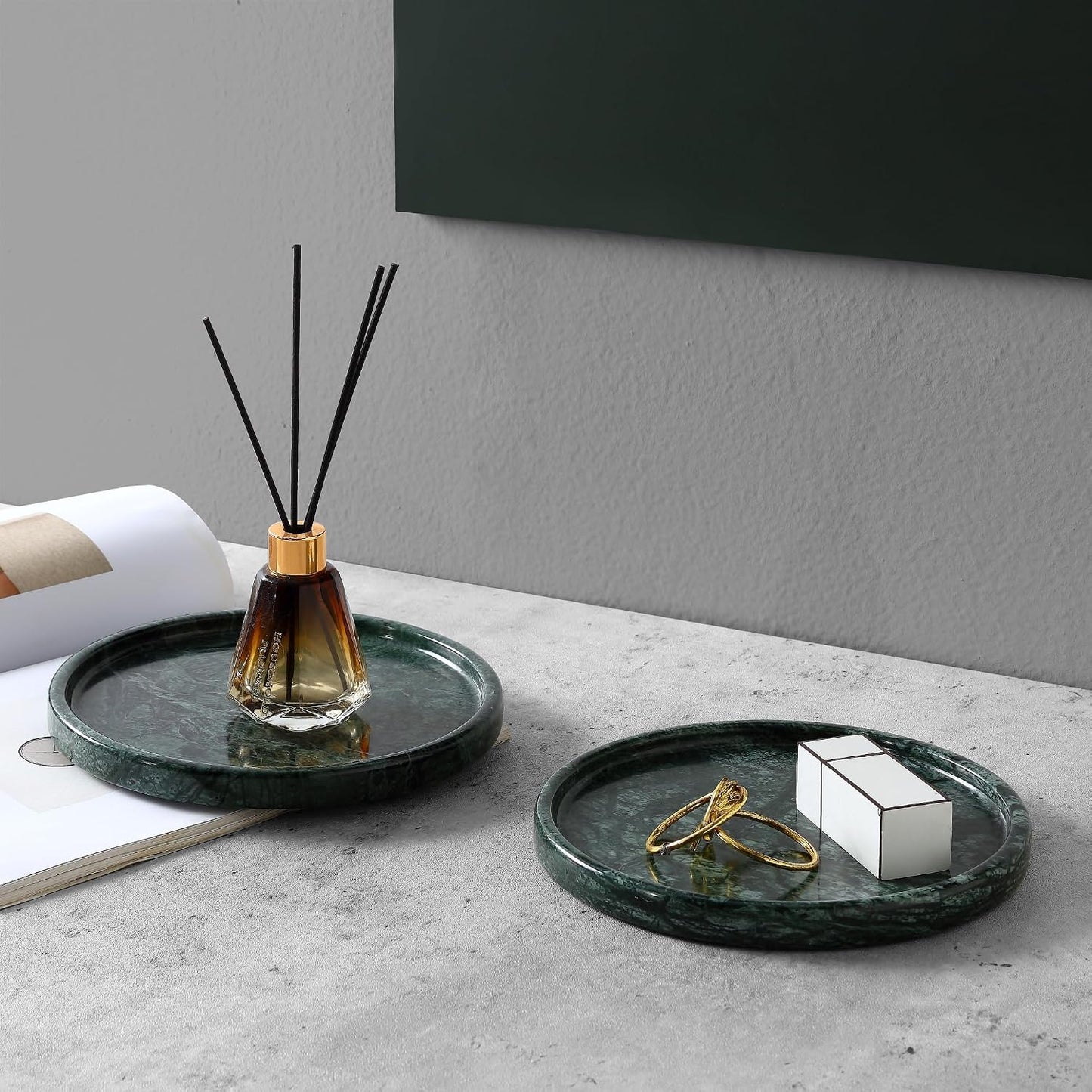 Decorative Tray / Natural Marble Round Tray / Green / 8 Inch