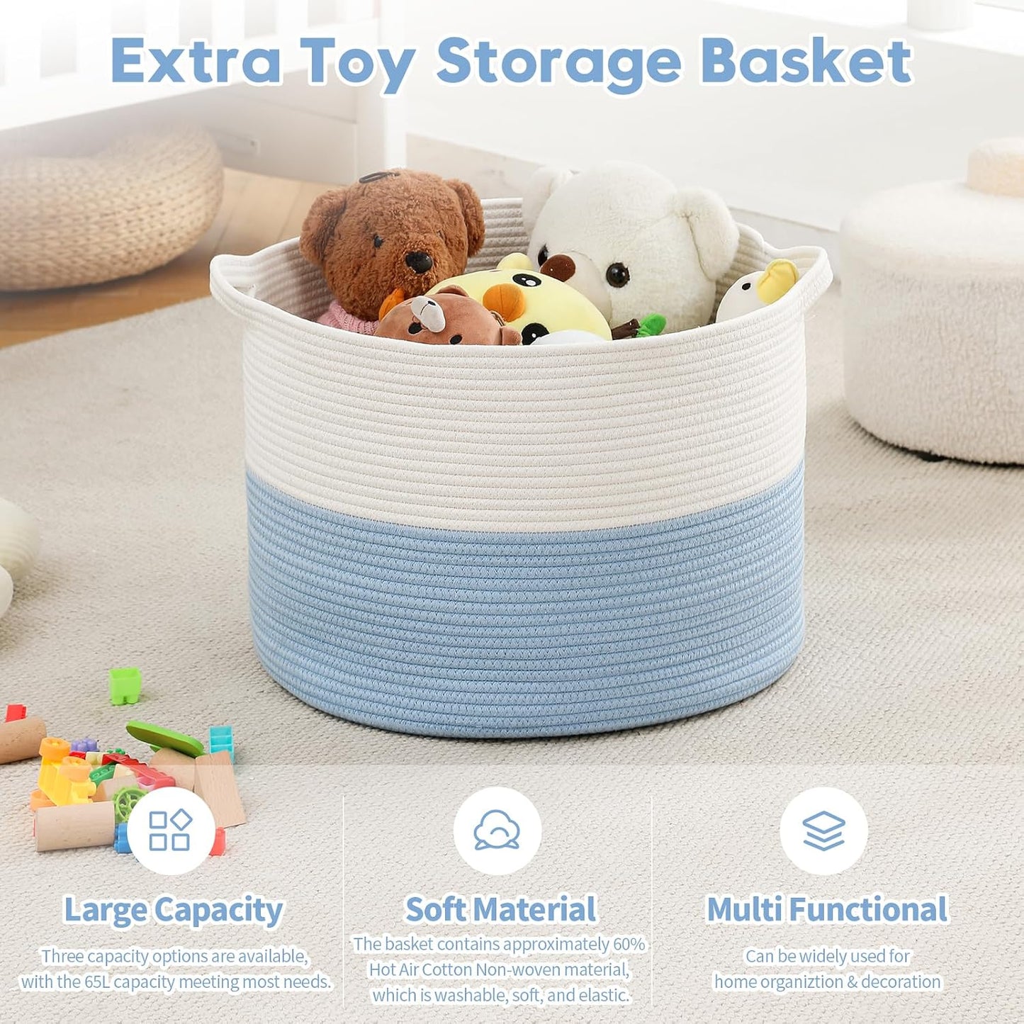 Collapsible Handle Cotton Rope Soft Woven Fabric Storage Organizer Clothes Toys / White & Blue / 65L