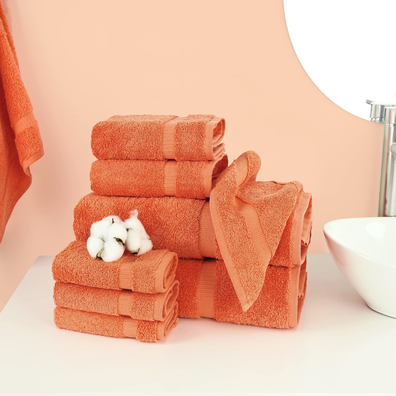 Chakir Turkish Linens 100% Cotton 8-Piece Towel Set, Coral | Premium Towel Set, Oeko-Tex Certified, Soft Plush