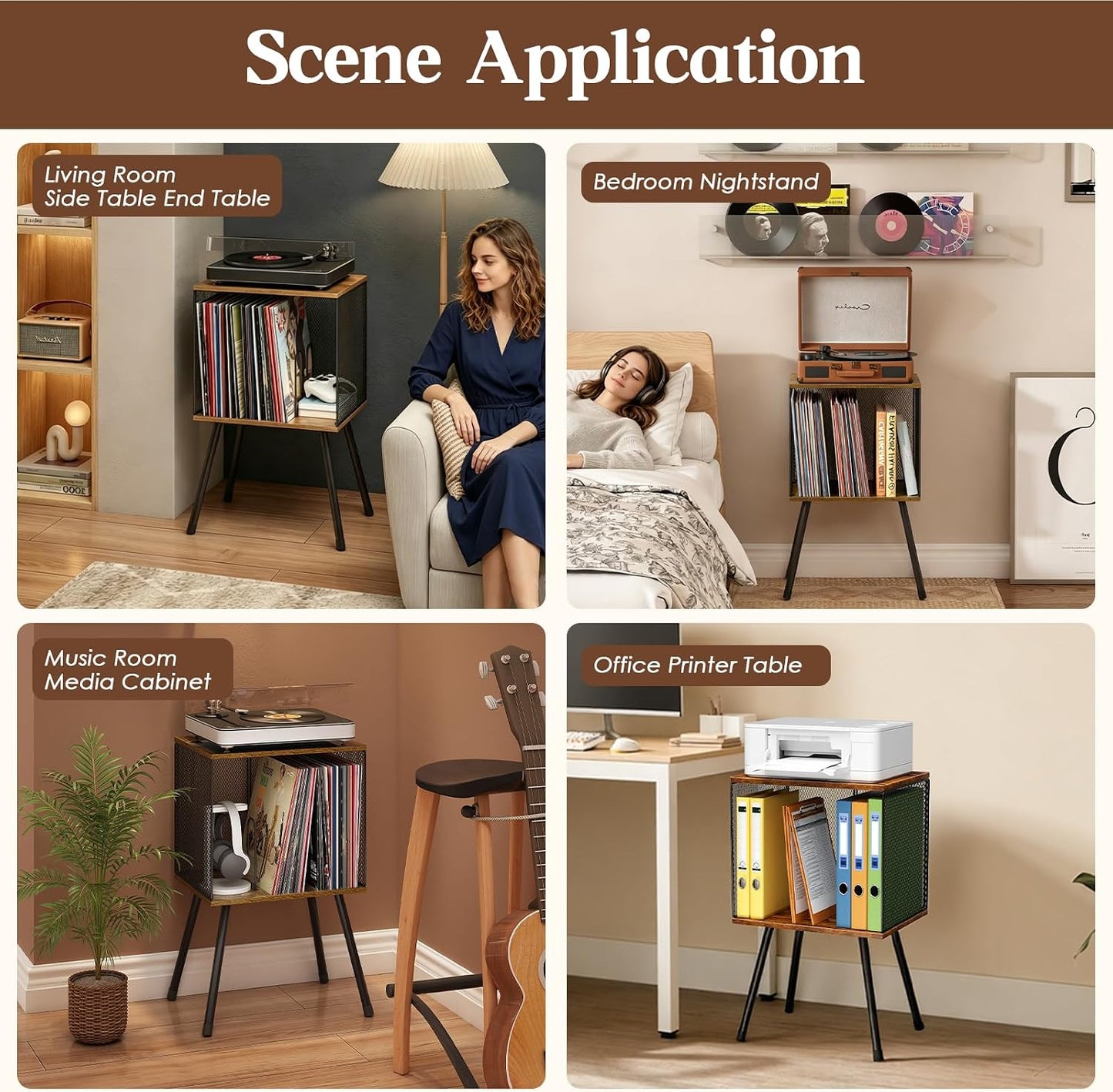 X-cosrack Record Player Stand with Storage up to 100 Albums, Retro Small Vinyl Record Holder - Adjustable Divider
