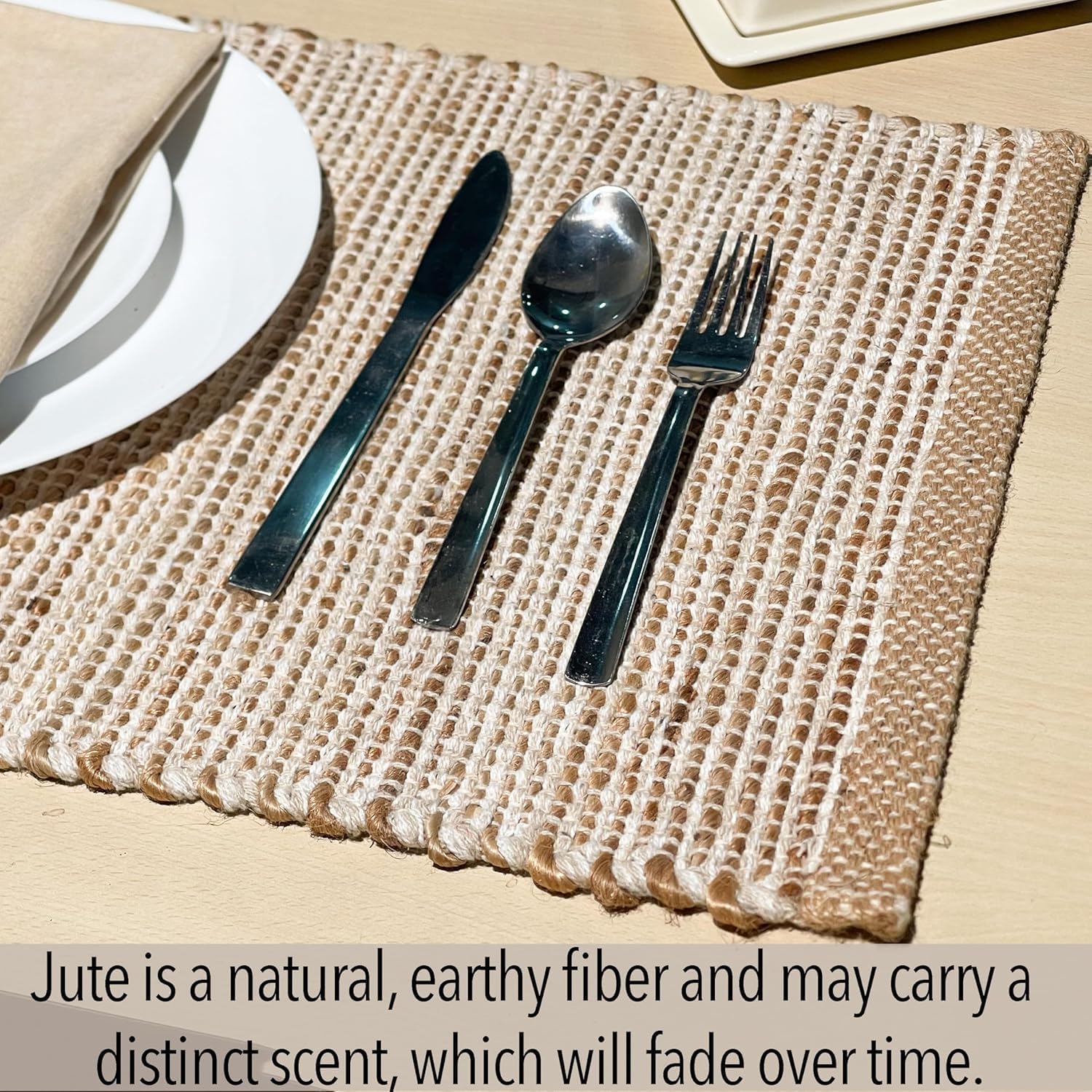 Natural Jute and Ivory Placemats, Set of 4 – Rustic Handmade Boho Table Mats, 13x19 Inch Dining Table Placemats for