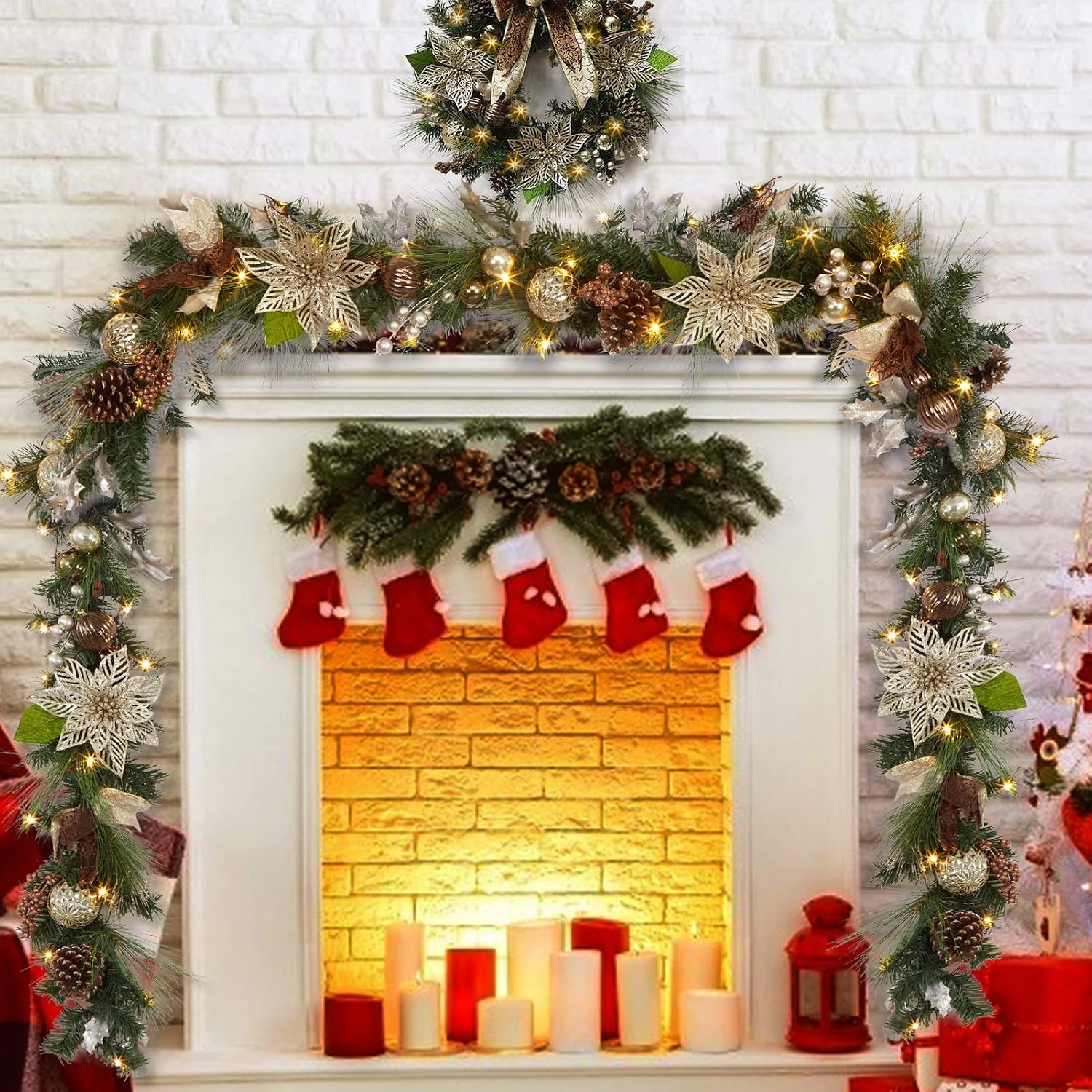 6ft Prelit Christmas Garland with 20 Lights, Xmas Fake Vines with Bows Christmas Balls Flowers Berries Greenery