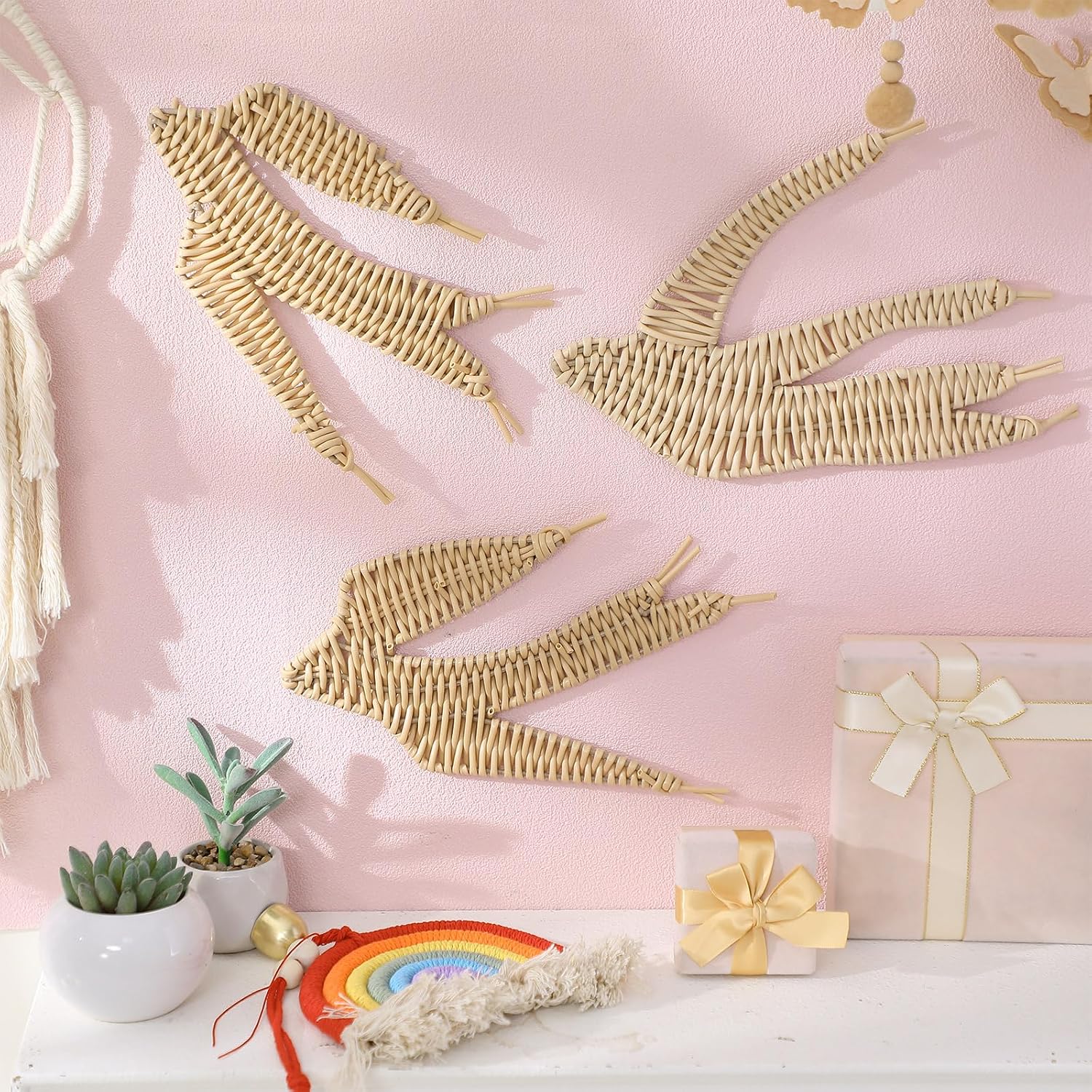 Spring Boho Rattan Wall Decor Set Handmade Wicker Flying Birds / Bird / Set of 3