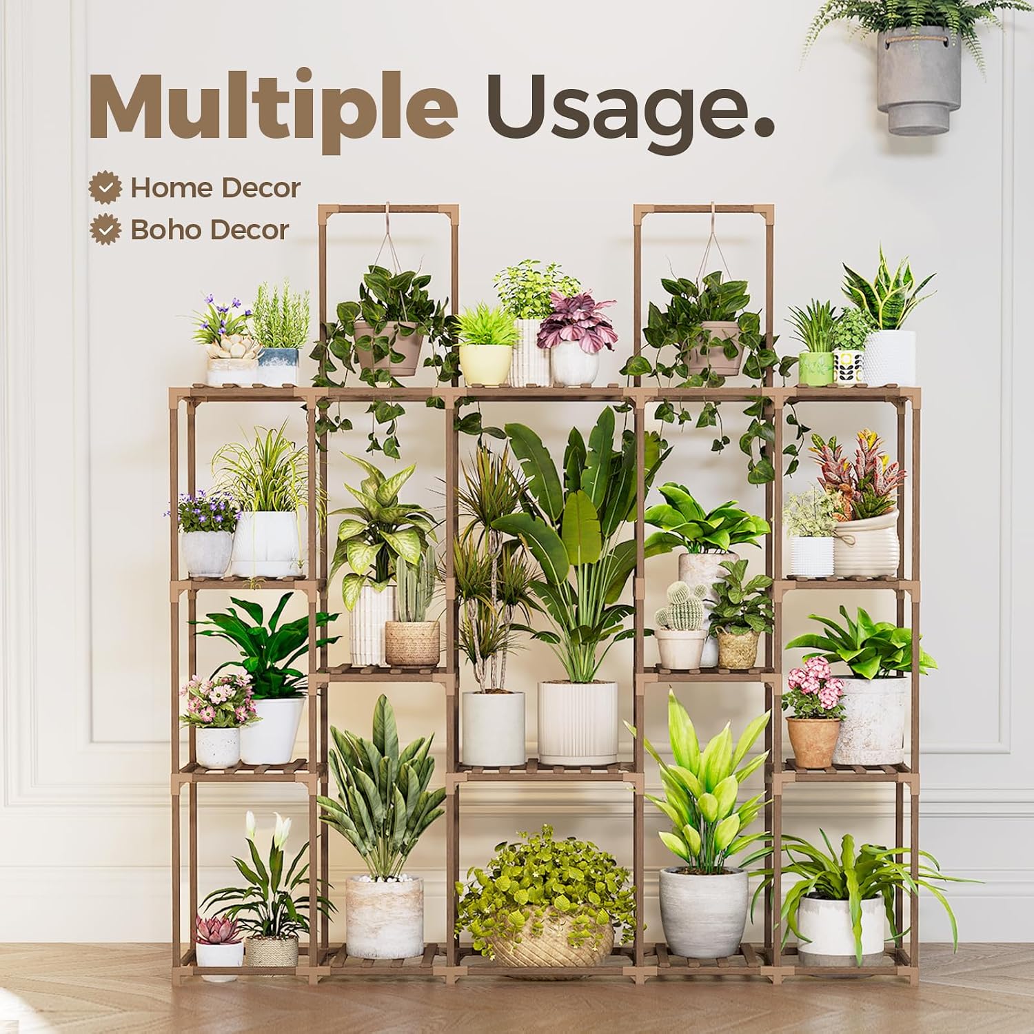 Bamworld Large Plant Shelf Plant Stand Indoor 62.2" Tall Outdoor Plant Holder Wood for Multiple Plants Hanging Plant