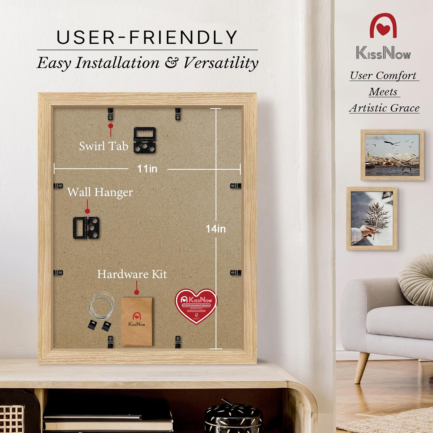11x14 Picture Frame 4 Pack, Oak Solid Wood, Gallery Wall Decor | Wall Hanging, Thick & Wide Border, Clear Plexiglass