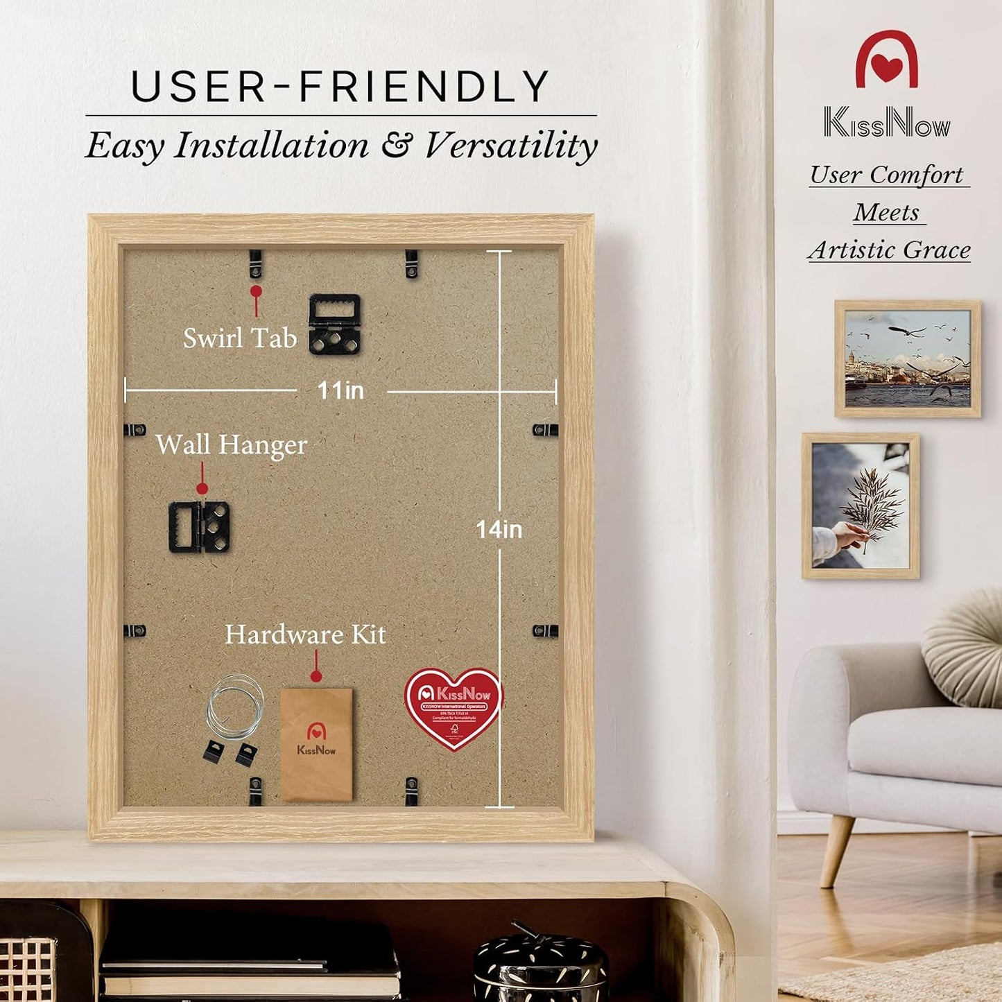 11x14 Picture Frame, Oak Solid Wood, 2 Pack, Wall Hanging for Art | Thick & Wide Border, HD Plexiglass, Horizontal or