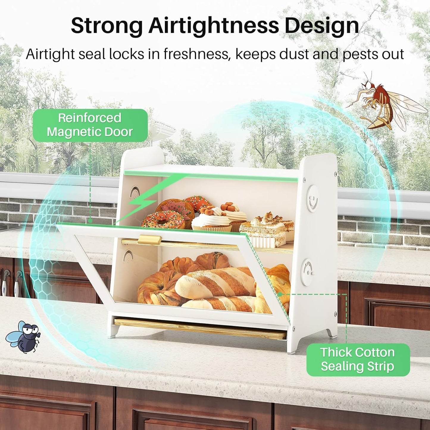 SNTD Airtight Bread Box for Kitchen Countertop, Bamboo Cutting Board, White | Adjustable Vent Hole, Sorted Storage
