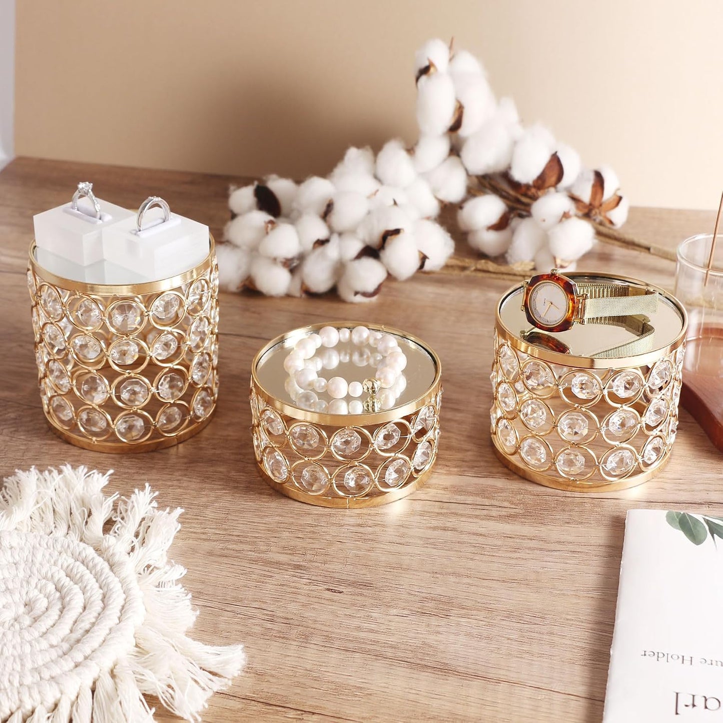 Crystal Display Stands Round Mirrored Risers Decorative Jewelry Perfume Stand / Gold / Set of 3