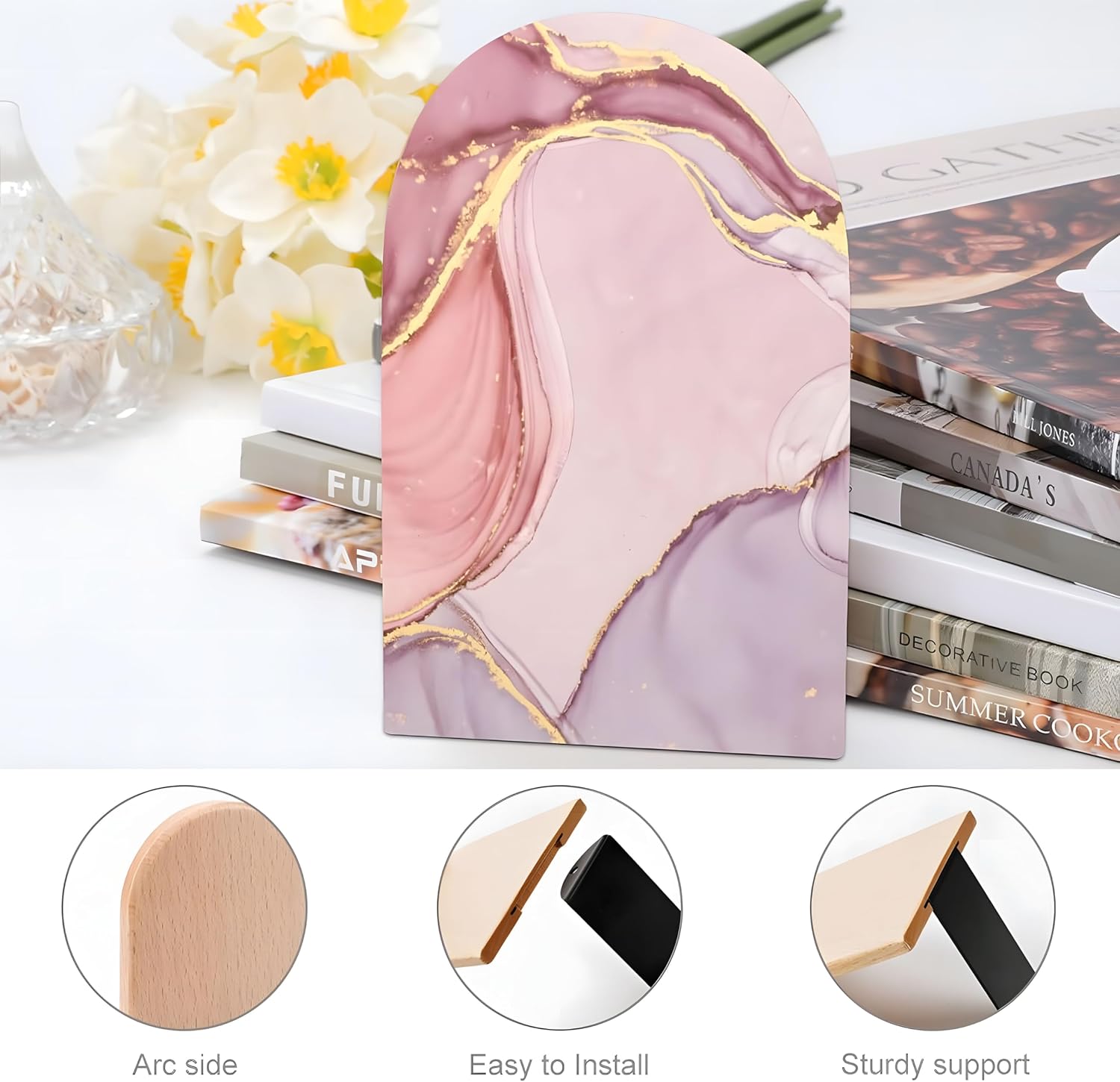 Wood Bookends / Glitter Rose Gold Marble Book Ends Book Stand Supports / Pink / Set of 2