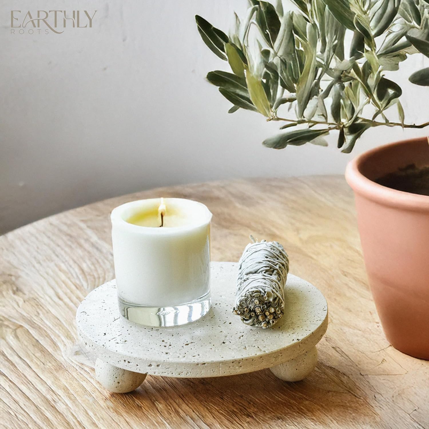 100% Travertine Footed Tray / Natural