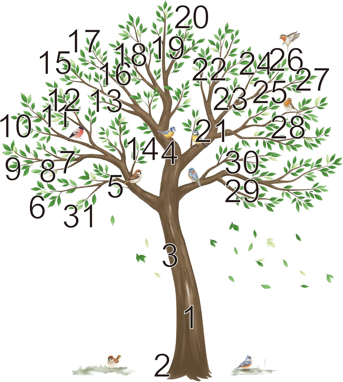 Large Tree Wall Stickers Leaves Birds Peel and Stick Wall Decals / Green