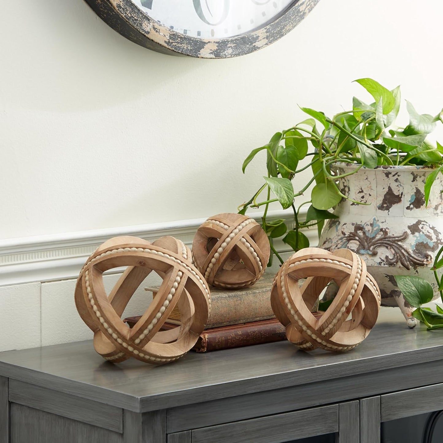 Wood Geometric Handmade Decorative Sculpture Beaded / Light Brown / 7", 6", 4"H / 4 Inch / Set of 3