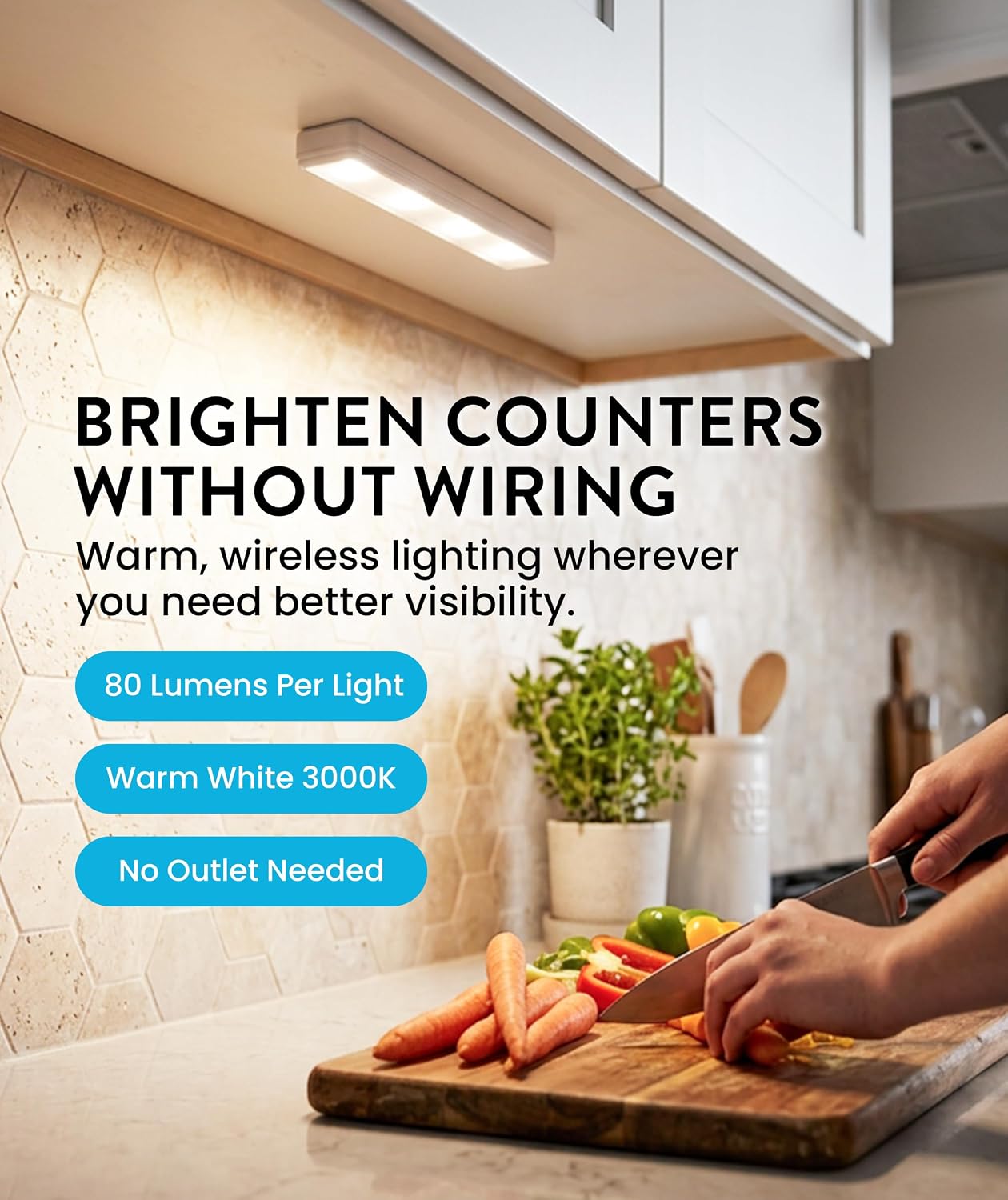 0.6" Ultra-Thin Wireless Under Cabinet Lights - 4 Pack, 8.5"L Battery-Operated LED Fixtures with 2 Remotes 3000K Warm