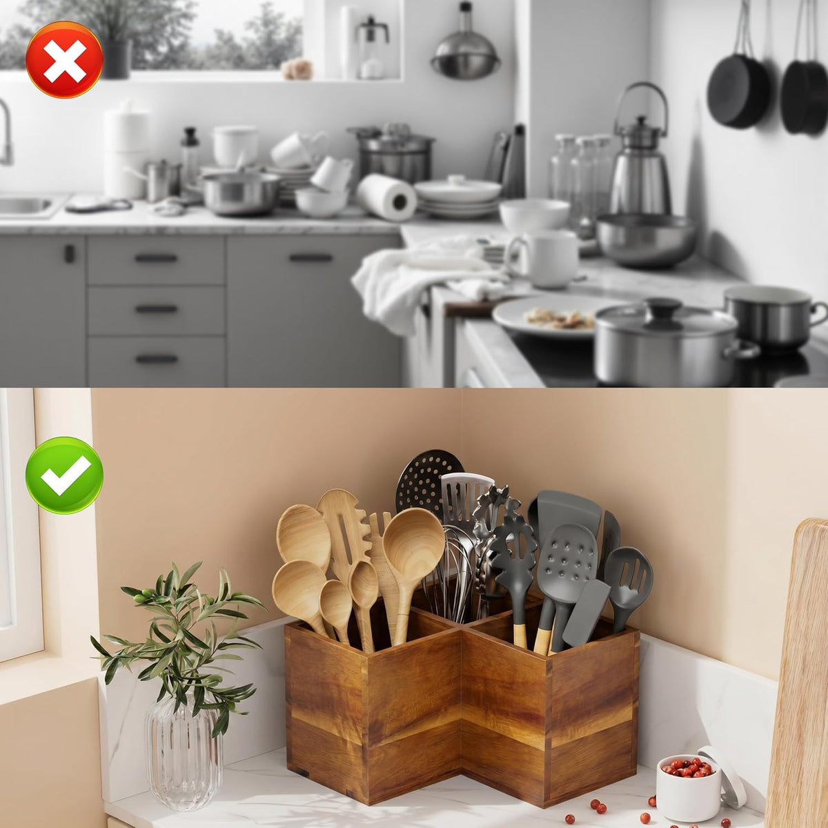 ZUJJAFY Utensil Holder, Corner Utensil Holder for Kitchen Counter, Acacia Wood Kitchen Utensil Holder for Countertop