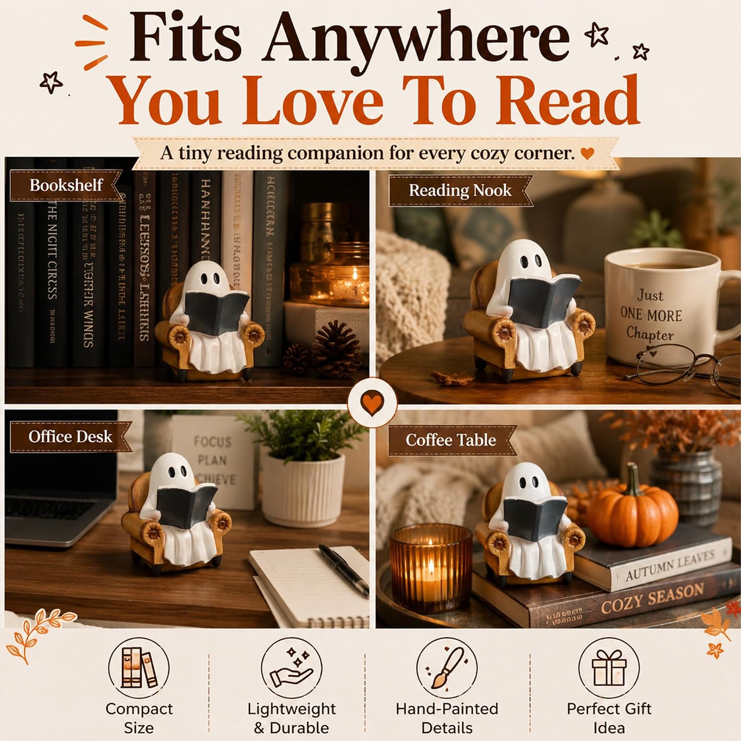 Halloween Decorations Indoor Ghost Reading Book Figurines Ghost Decor Book Lovers / Reading Ghost