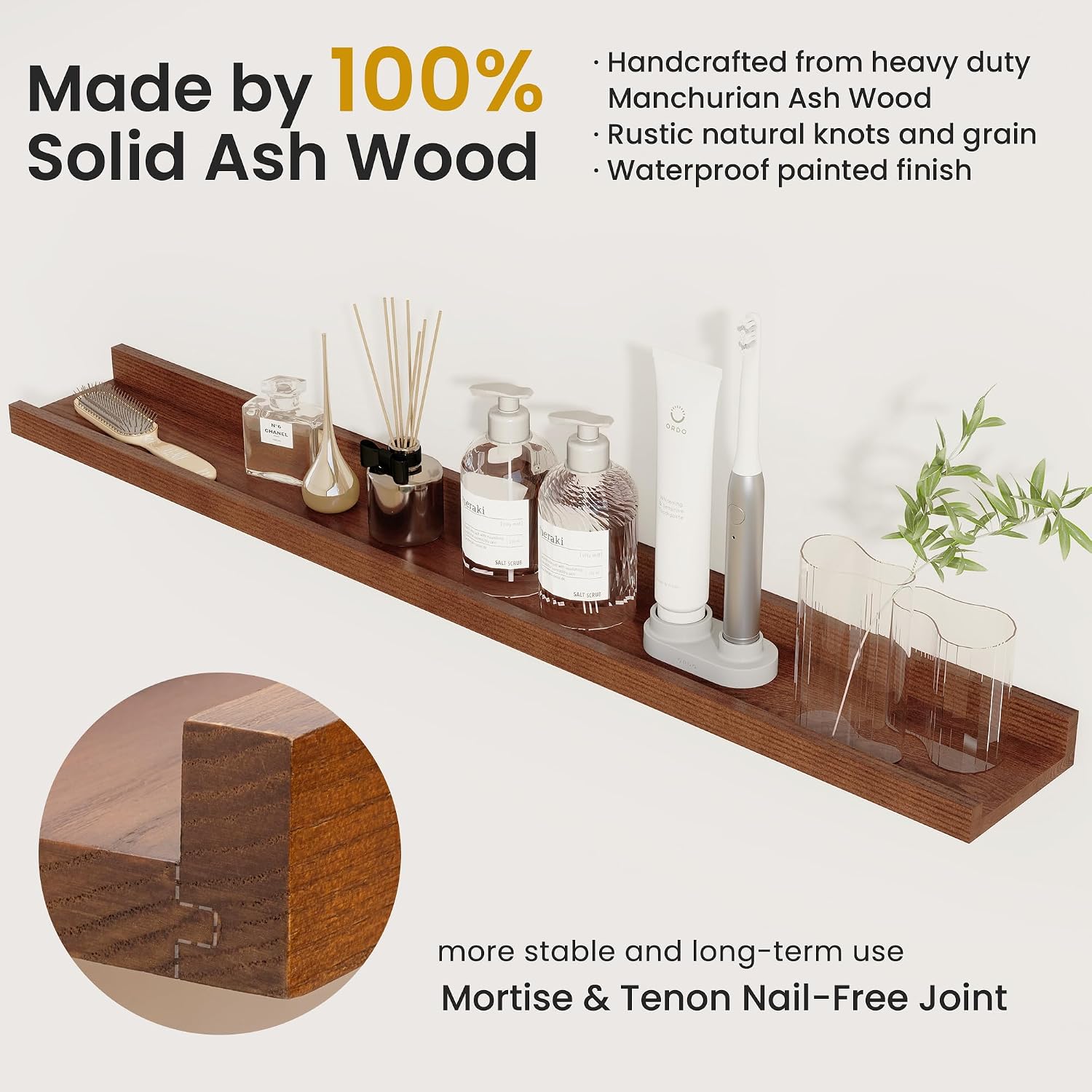 Acovy Solid Ash Wood Floating Shelves, 48 Inch, Walnut, Set of 2 | Wood Picture Ledge, Wall Mounted, For Living Room