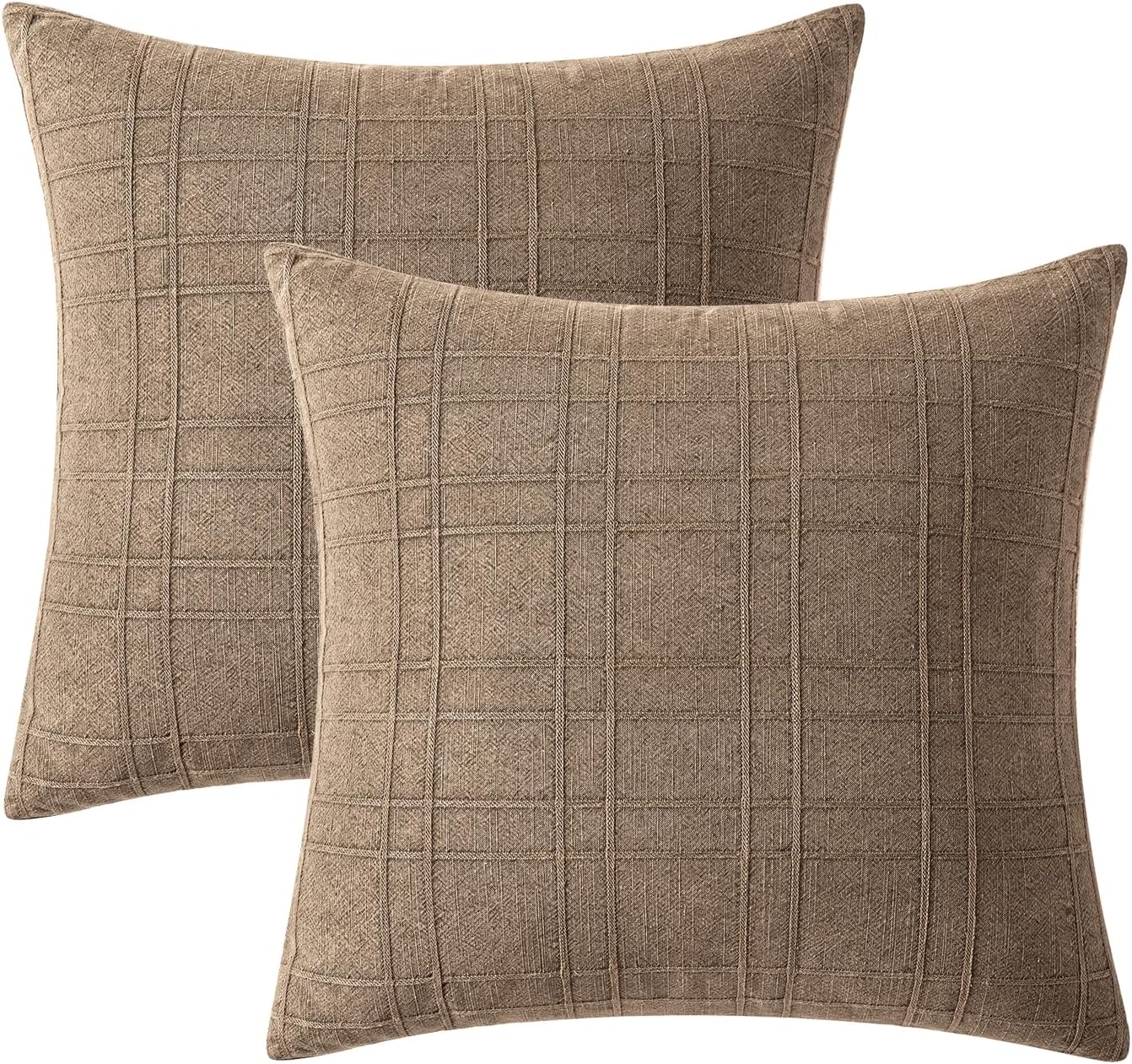 Decorative Linen Check Throw Pillow Covers Neutral Farmhouse / 18 x 18 / Light Brown / Set of 2