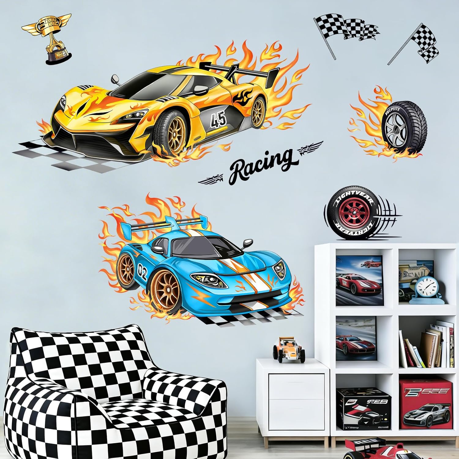 2 Large Racing Car Wall Decals Blue Car Trophies Wall Stickers Vinyl Removable Wall Art / Yellow