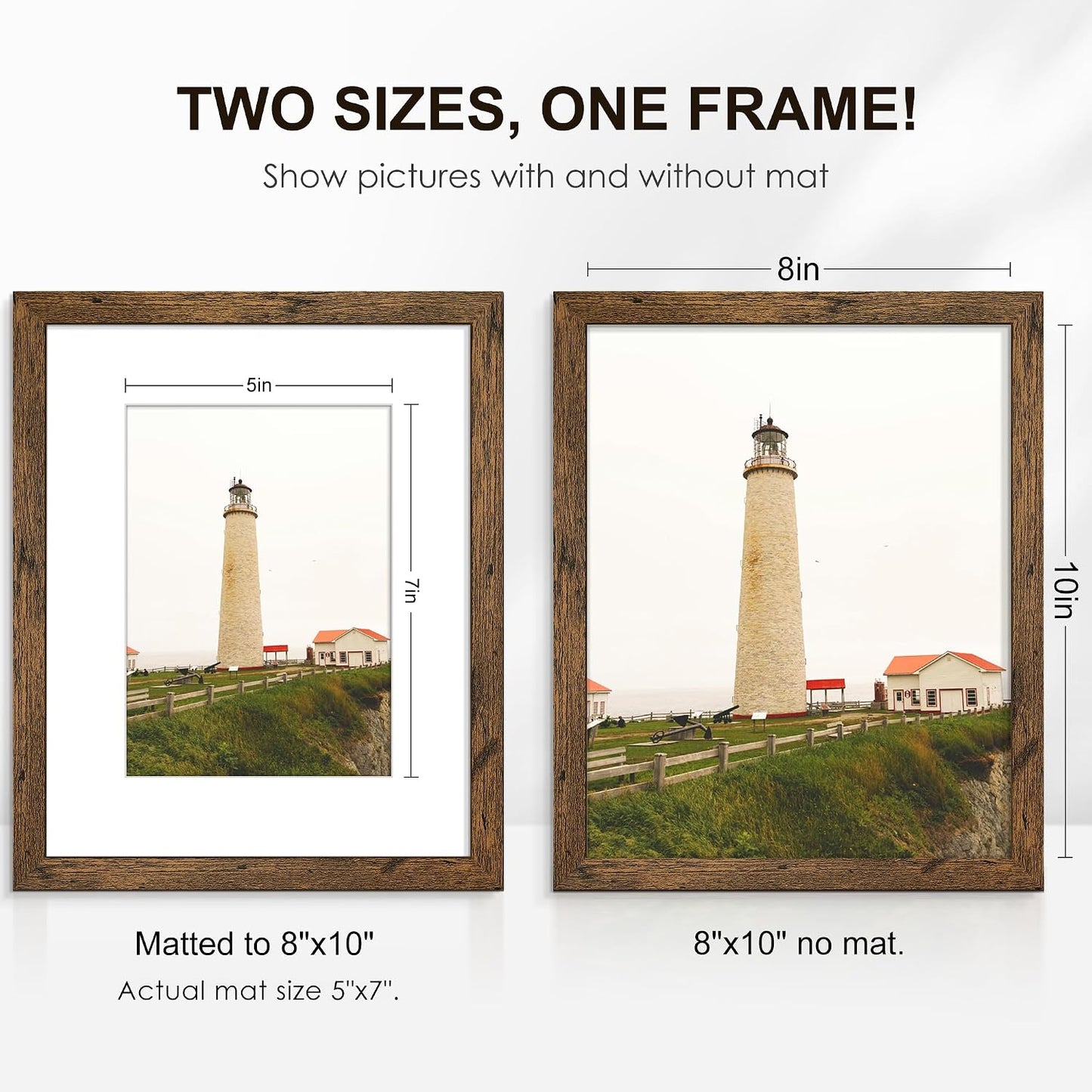 8x10 Picture Frame Set of 6, Wall or Tabletop Display, Rustic Brown | Display Pictures 5x7 with Mat or 8x10 Without