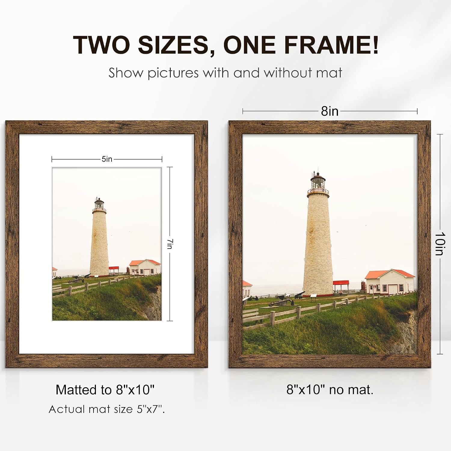 8x10 Picture Frame Set of 6, Wall or Tabletop Display, Rustic Brown | Display Pictures 5x7 with Mat or 8x10 Without