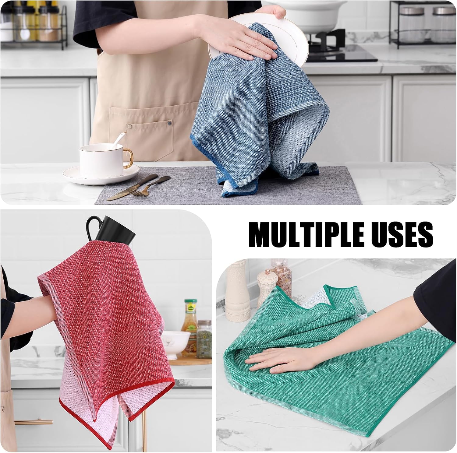 Homaxy 380 GSM Cotton Premium Kitchen Towels 6 Pack, 18"x 28", Mix | Flat and Terry Dish Towels, Highly Absorbent Tea