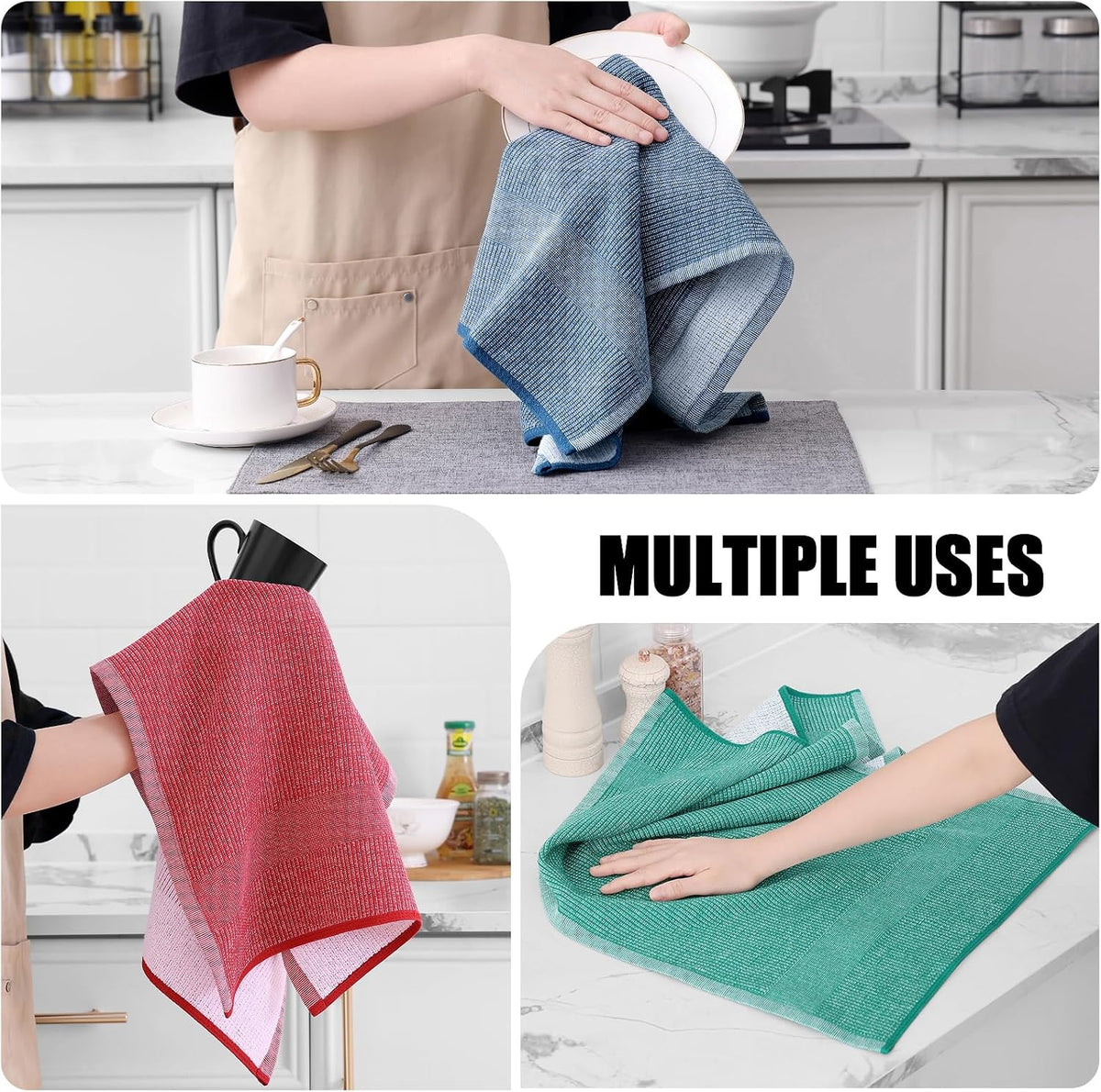 Homaxy 380 GSM Cotton Premium Kitchen Towels 12 Pack, 18"x 28", Mix | Flat and Terry Dish Towels, Highly Absorbent Tea
